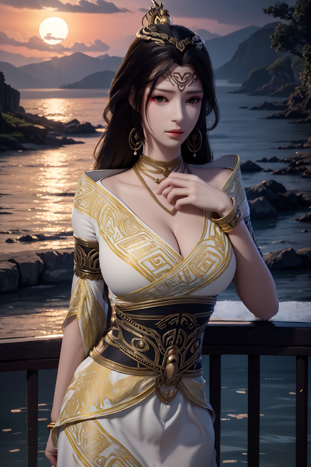 standing,dress,chinese clothes,flower,full_moon,moon,night,lily_pad,lotus,moonlight,water,night_sky,lily_\(flower\),sky,partially_submerged,1girl,solo,hair ornament,realistic,nail polish,photo_\(medium\),(big breasts, cleavage),makeup,(8k, RAW photo, best quality, masterpiece:1.2),(realistic, photorealistic:1.3),ultra-detailed,extremely detailed cg 8k wallpaper,(crystalstexture skin:1.2),extremely delicate and beautiful,(sexy pose:1.2),chinese dress,