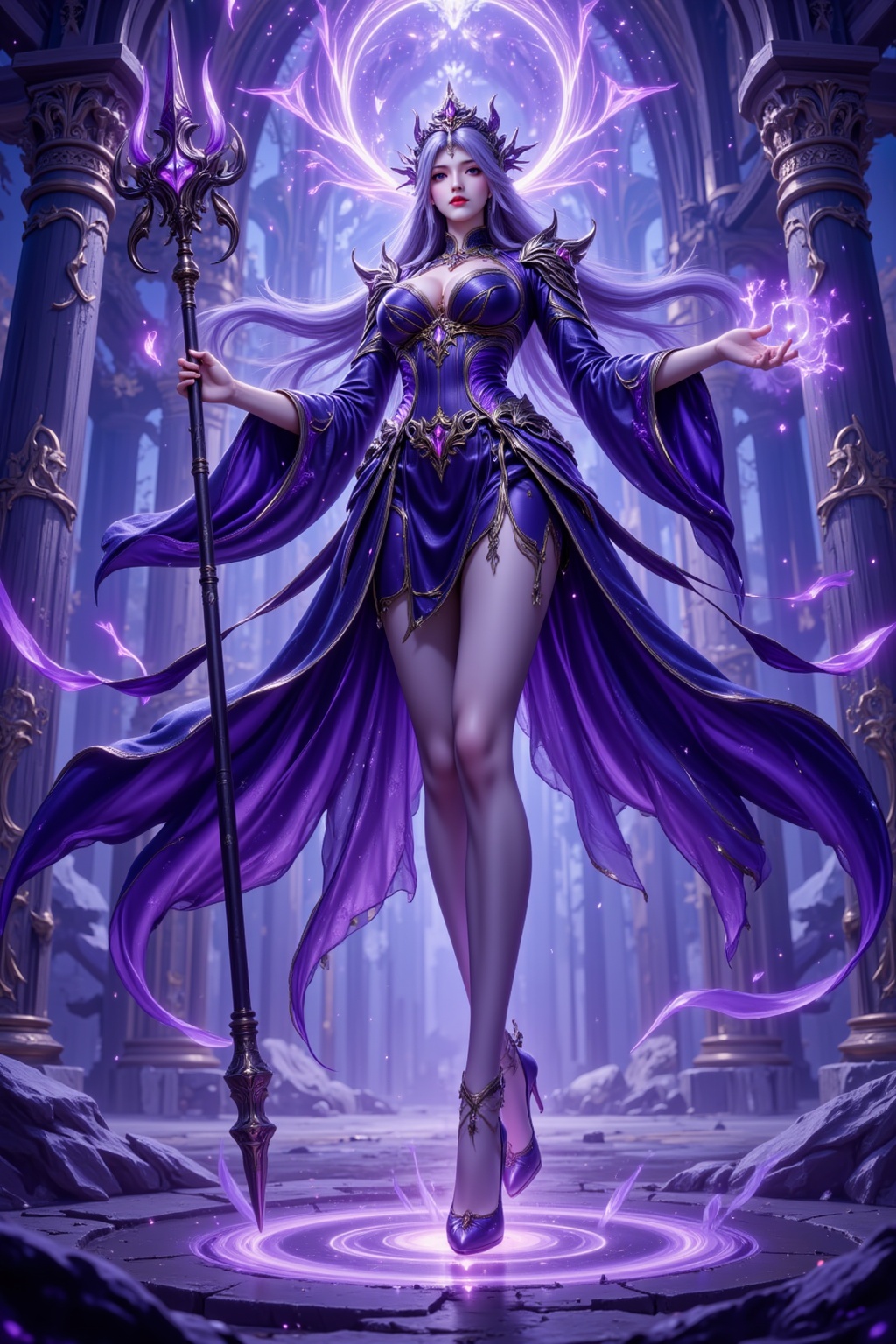 <lora:绚丽多彩·优化9:0.8>,lvjing,1girl,solo,breasts,long hair,dress,high heels,holding,purple dress,staff,full body,holding staff,large breasts,jewelry,pillar,hair ornament,looking at viewer,magic,wide sleeves,purple hair,standing,floating,long sleeves,purple footwear,29,