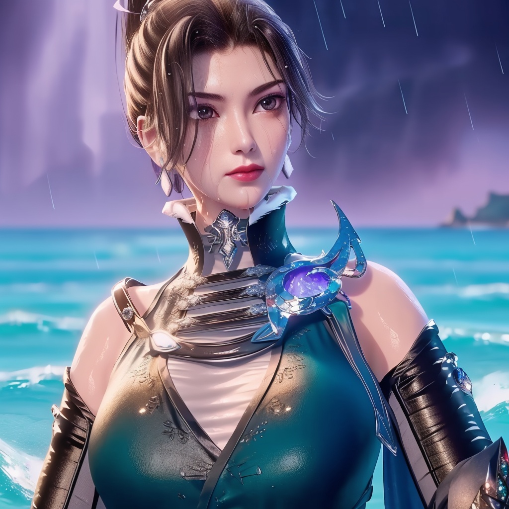 <lora:万界至尊-李雪衣-皮衣:0.8>, (,1girl, ,best quality, ),looking at viewer, ,ultra detailed 8k cg,   ,masterpiece((((1girl, solo,  , ,solo focus, wet,sweat, ocean,rain, water drop, )))) (, , sweatdrop, flying sweatdrops, sweating profusely,colorful drop \(module\), )   clean, masterpiece,     cinematic lighting, cinematic bloom,   , unreal, science fiction, luxury, jewelry, diamond, gold, pearl, gem, sapphire, ruby, emerald, intricate detail, delicate pattern, charming, alluring, seductive, erotic, enchanting, hair ornament, necklace, earrings, bracelet, armlet,halo,
