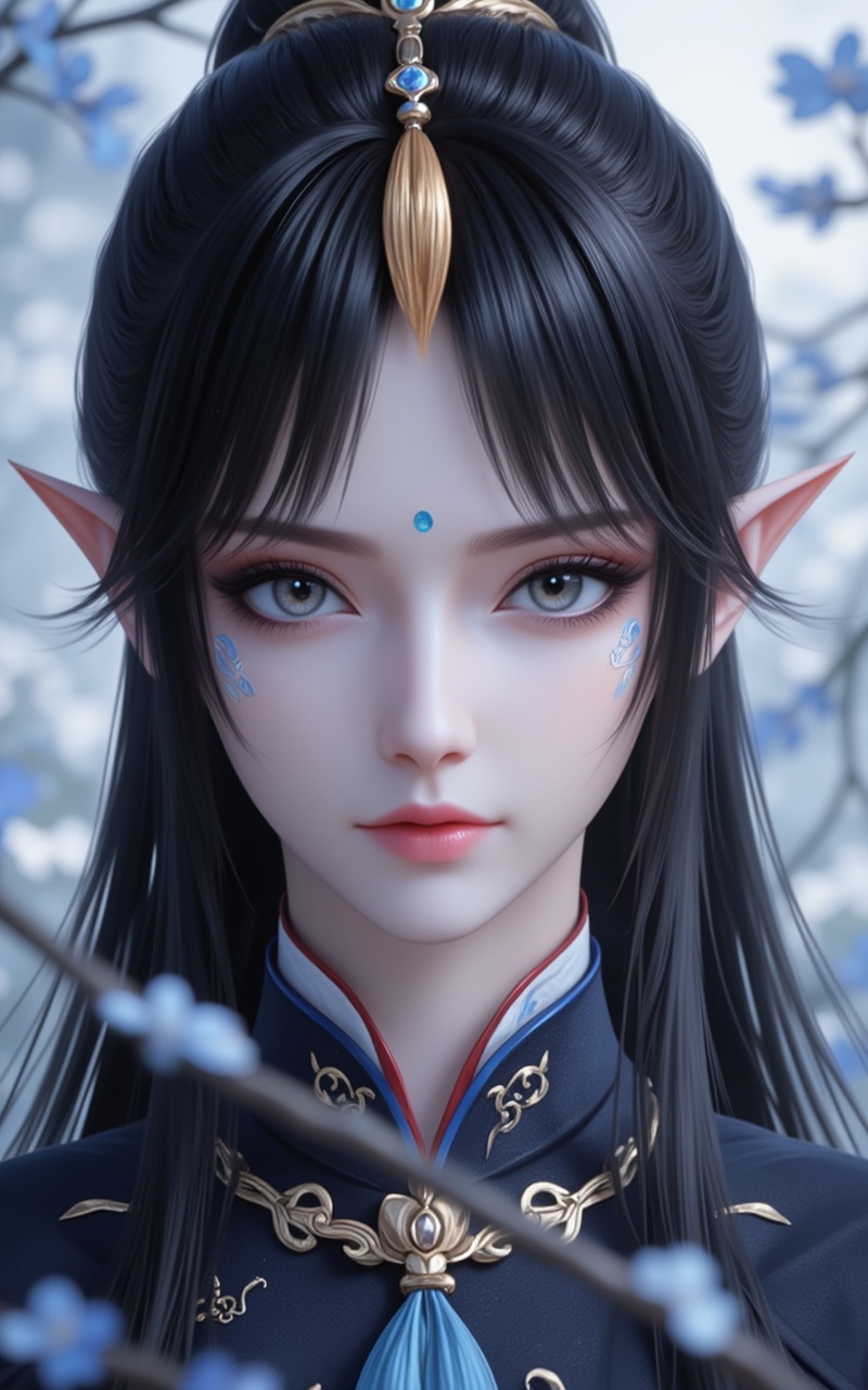 <lora:金箔岩彩·6:0.4>,jinbo,<lora:凤清儿·百搭版5:1>,1girl,solo,pointy ears,black hair,looking at viewer,long hair,grey eyes,closed mouth,blurry,hair ornament,facial mark,forehead mark,makeup,cover,gradient background,close-up details,outstanding style,adding a touch of dimension to your images without compromising details,close-up,<lora:DJ滤镜_2.5D版:0.4>,lvjing,<lora:油画唯美滤镜15:0.2>,baoshi,