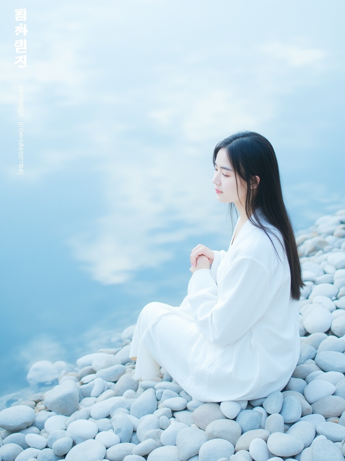 This is a digital photograph featuring a young Asian woman seated on a bed of smooth, white pebbles by a serene, reflective body of water. The woman, with long, straight black hair and a fair complexion, is dressed in a traditional white hanbok, a Korean traditional dress, with a high collar and long sleeves. She sits upright, her hands folded in her lap, exuding a sense of calm and serenity. The water reflects the sky, which is a soft, dreamy blend of blue and white, with wispy clouds creating a tranquil atmosphere. The pebbles are meticulously arranged in a symmetrical pattern, emphasizing the peacefulness of the scene. The overall color palette is dominated by cool, serene blues and whites, with a slight touch of soft pink on the woman's lips. The image has a surreal, ethereal quality, enhanced by the soft lighting and the dreamy, misty effect on the water, giving it a mystical, otherworldly feel. The text on the left side of the photograph is in Korean, adding a cultural element to the composition. The photograph captures a moment of quiet contemplation and tranquility, blending nature and human form harmoniously.