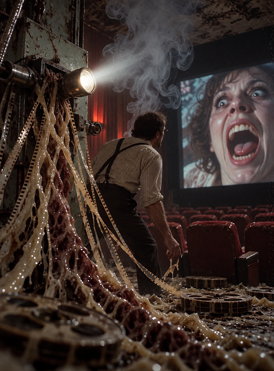 inside a decaying 1970s movie theater projection booth,  an ***** projectionist in rolled-up sleeves discovers strips of f...