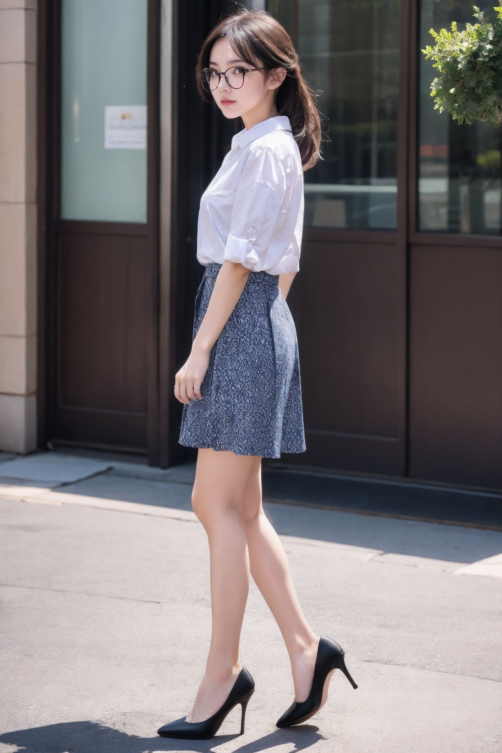 1girl, solo, white shirt, upper body, glasses, (from side), skirt, high heel shoes