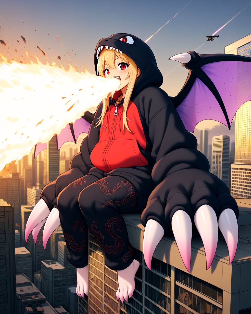 A huge dragon-hooded kaiju girl sits among tall city buildings at sunset,  her body far larger than the surrounding skyscr...