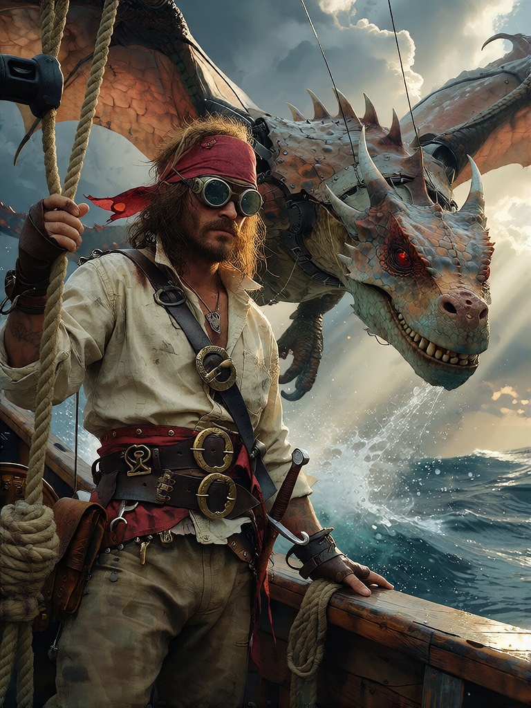 Bradhamel art style. A rugged,  red-haired pirate with a red bandana and goggles stands on the deck of a wooden ship,  gri...
