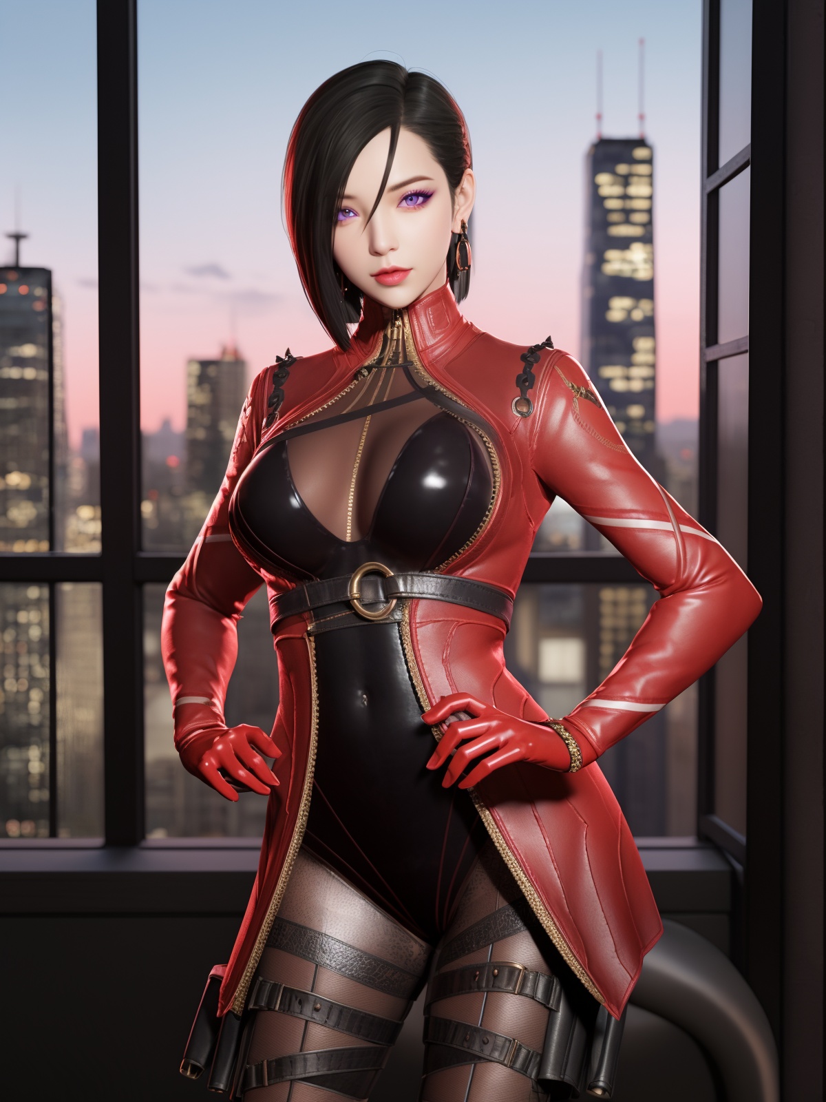 CFchuanshuonvdiQF, 1girl, solo, breasts,purple eyes, gloves, black hair, jewelry, short hair, looking at viewer, earrings, bodysuit, makeup, leotard, thigh boots, medium breasts, zipper, pantyhose, lips, leather, jacket, latex,thigh strap, <lora:CFchuanshuonvdiQF:0.75>,cityscape, night, hand on hip, 