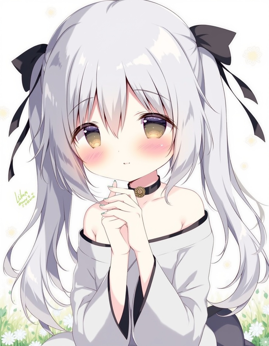 shiratama_(shiratamaco), commentary_request, highres, 1girl, :o, animal_ear_fluff, animal_ears, black_bow, black_nails, black_ribbon, blush, bow, brown_eyes, feet_out_of_frame, flower, grey_hair, grey_kimono, hair_between_eyes, hair_bow, hair_ribbon, japanese_clothes, kimono, knees_together_feet_apart, long_hair, long_sleeves, looking_at_viewer, low_twintails, nail_polish, off_shoulder, parted_lips, ribbon, ribbon-trimmed_sleeves, ribbon_trim, signature, solo, tail, twintails, very_long_hair, white_flower, wide_sleeves, , original, year_2024,, <lora:flux-Shiratamaco-000008:1>