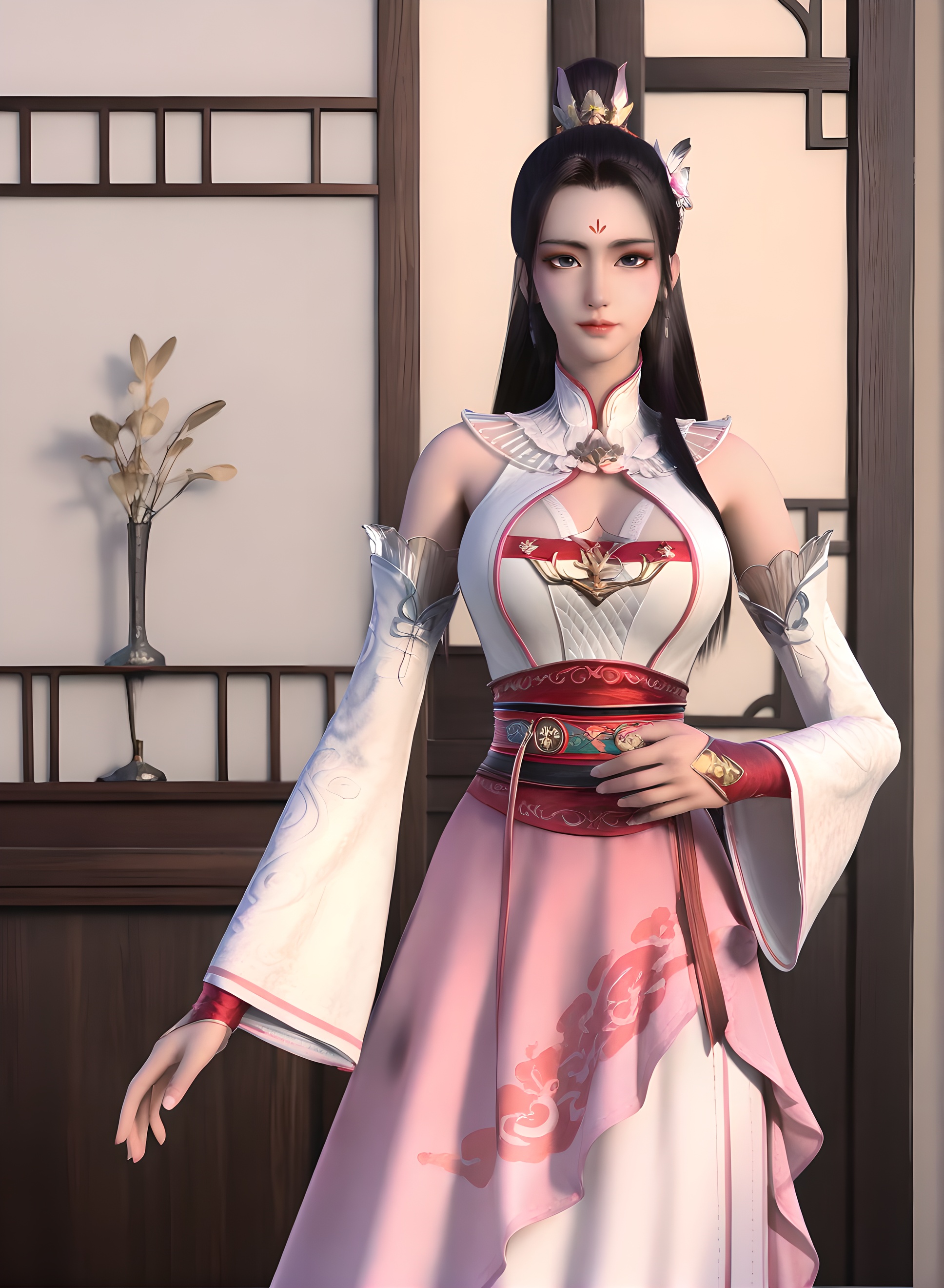 fair_skin,white_skin,Ivory_skin,score_9,<lora:SF_BaiHeiHuai_Pony_Realism-000003:0.7>,hair ornament,dress,black hair,1girl,breasts,large breasts,standing,long sleeves,detached sleeves,facial mark,forehead mark,pink skirt,solo,looking at viewer,simple background,