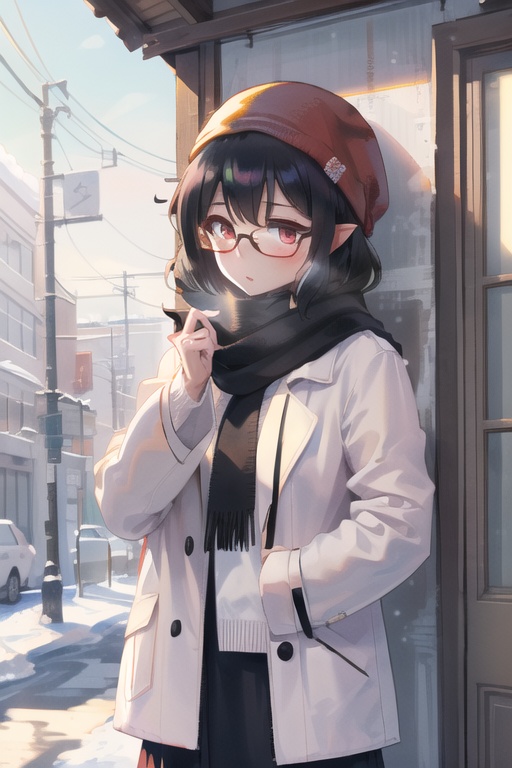 aya body,1girl,solo,shameimaru aya,winter_clothes,scarf,black-framed_eyewear,<lora:shameimaru aya nai005:0.8>,