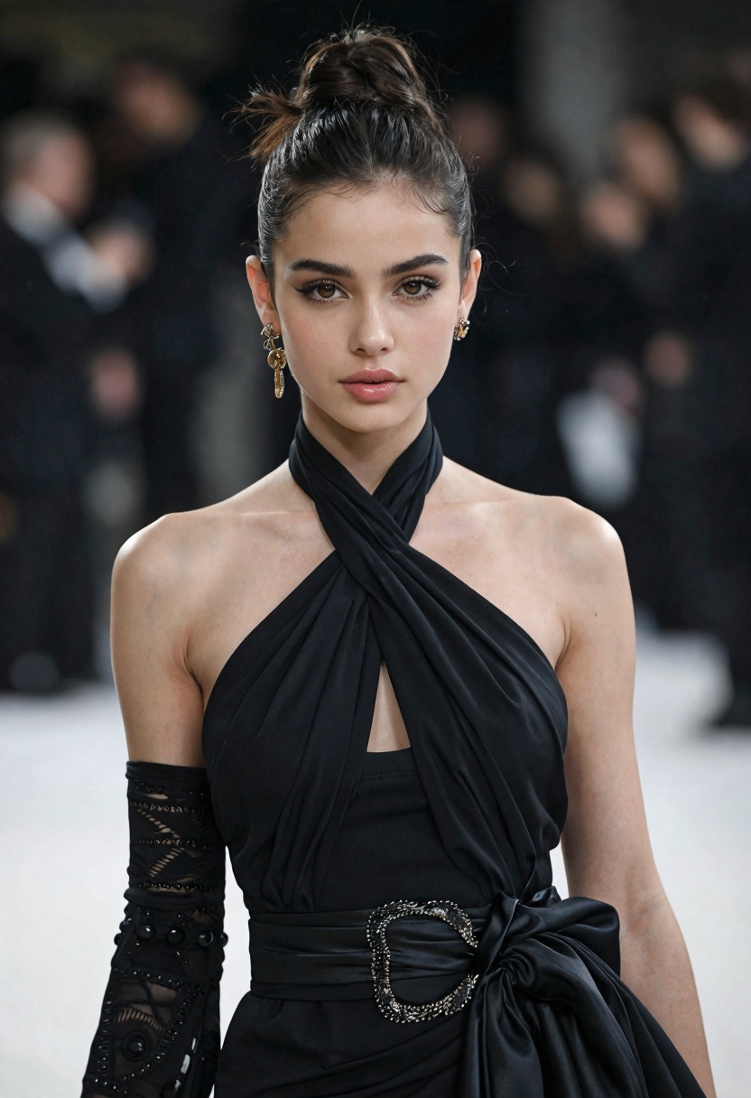 masterpiece,  luxury fashion editorial,  beautiful woman wearing an avant garde black dress on Tensor.Art