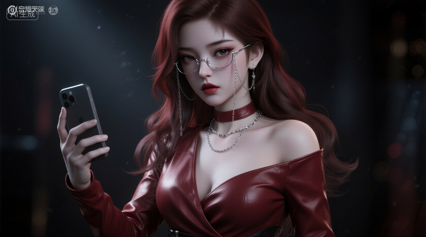 黑暗风格3D渲染艺术,绝色冷白皮中国御姐,红酒色斜肩宽领长袖皮上衣,冷白皮,妃英理,御姐风,纯欲风,银丝无框眼镜上有链子,高贵,优雅,上流,英姿飒爽,极致美艳,**,玲珑可爱,表情害羞,眼神迷离,媚眼如丝,极致打光,顶级调色,氛围光,伦勃朗光,强烈明暗对比,高反差,红酒色波浪中长发,高傲,法则,reality,肌理质感,情感张力,情绪氛围感拉满,奇特视角,顶级清晰度朦胧美学,层次感,大师构图,获奖作品,真人风格,手中拿着一个手机,眼球感觉很惊恐,, Negative prompt: ng_deepnegative_v1_75t,(badhandv4:1.2),EasyNegative,(worst quality:2),,nsfw, Steps: 30, Sampler: Euler, CFG scale: 1.0, Seed: 2305973304, Size: 1664x928, Model hash: 98763a1277, Model: Qwen-Image_1.0.safetensors, Denoising strength: 0, RNG: CPU, Lora 1: 【摸鱼】3D, Lora Hash 1: 2106c5bf96, Lora Weight 1: 0.8, Lora 2: 【摸鱼】3D电商渲染级KV海报_创意视觉表达, Lora Hash 2: ce1227b095, Lora Weight 2: 0.4, Lora 3: Qwen-Image-Lightning-8steps-V2.0, Lora Hash 3: 72e97fdebc, Lora Weight 3: 0.6, vae_name: automatic
