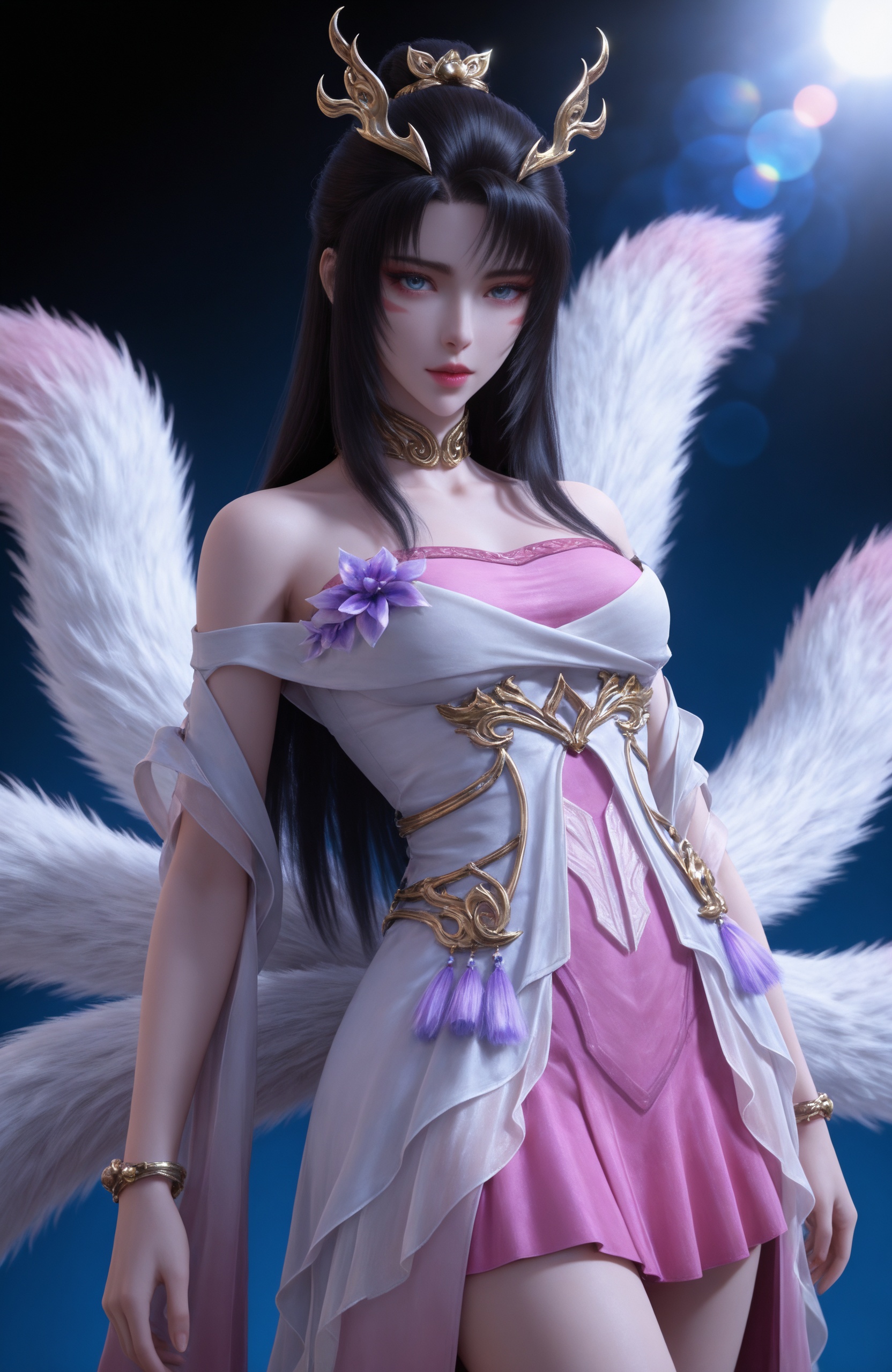 <lora:完美世界-魔女天狐IL:0.7> 1girl, long hair, black hair, hair ornament, hair bun, bare shoulders, jewelry, pink dress, bracelet, tail, blue eyes, facial mark, sandals, realistic style photo,outstanding style,Use soft lighting to cast gentle shadows on the subject,adding a touch of dimension to your images without compromising details,whirls of vapor,(Anime:1.1),soft neon light,ethereal ambiance,delicate details,magical atmosphere,concept art,highly detailed,ultra-high resolution,32K UHD,sharp focus,best-quality,masterpiece,golden hour,unconventional supreme masterpiece,masterful details,temperate atmosphere,with a high-end texture,in the style of fashion photography,magazine style,Dynamic Angle,Dynamic posture,magazine style,Dynamic Angle,Dynamic posture,(cowboy_shot:1.2),eye trail,depth of field,cinematic lighting,lens flare,close-up,extreme aesthetic,(wlop:0.6),(honjou raita,lack,rella,wanke:0.5),masterpiece,best quality,good quality,newest,year 2025,very aesthetic,absurdres,Visual impact,A shot with tension,ultra-high resolution,32K UHD,sharp focus,best-quality,masterpiece,Emotionalization,unconventional supreme masterpiece,masterful details,temperate atmosphere,with a high-end texture,in the style of fashion photography,(Visual impact:1.2),giving the poster a dynamic and visually striking appearance,, realistic style,white background,upper body,looking at viewer,dynamic posture,, solo,upper body,looking at viewer,gradient background,gradient,blue background,black background,