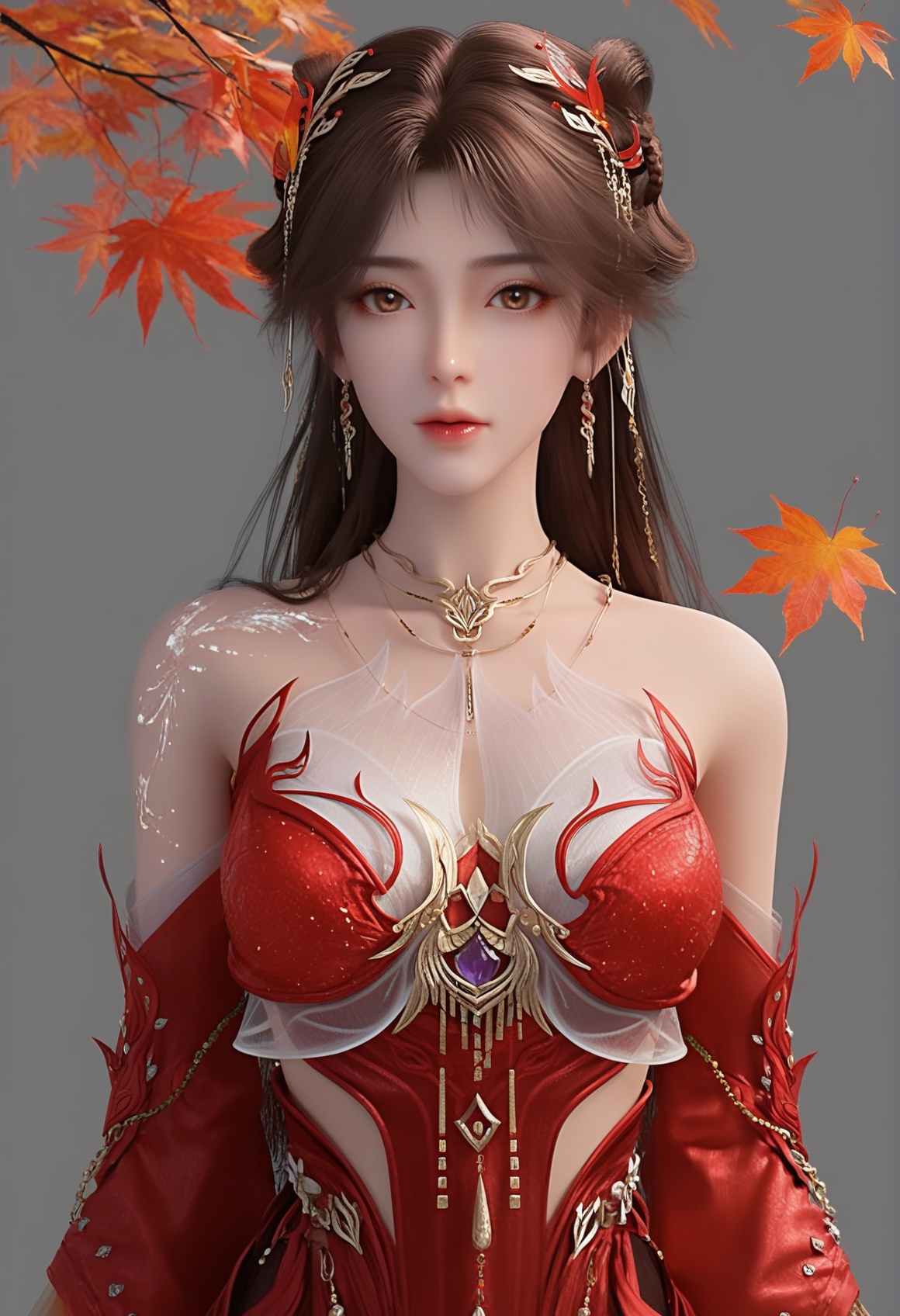 (score_9),<lora:火灵儿天神-apony-000009:0.83>,huolinger,1girl,solo,long hair,brown hair,brown eyes,jewelry,hair ornament,necklace,red dress,earrings,detached sleeves,clothing cutout,gold accents,front view,looking at viewer,BREAK<lora:Expressive_H-000001:0.8>,collarbone,(glamor:1.2),(mature_female),large breasts,pointy breasts,puffy breasts,<lora:e肤色滑块:0.5>,fair_skin,(white_skin),(Ivory_skin),BREAK<lora:SDS-XL泛光调节器_v1.0:1.2>,simple background,grey background,in autumn,grove,(maple_tree),(maple_leaf),leaf,autumn leaves,falling leaves,branch,twig,<lora:皮肤凹痕:1>,