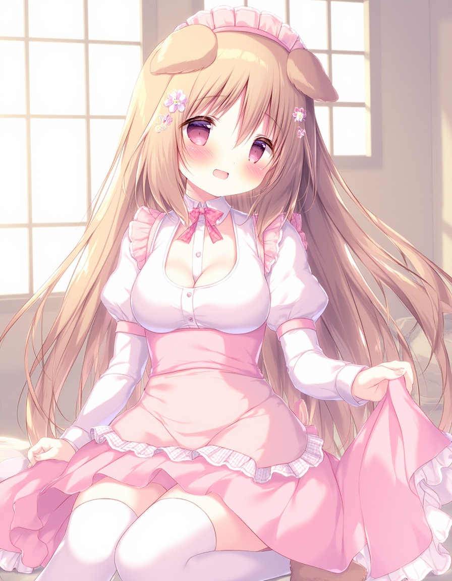 shiratama_(shiratamaco), loli, 1girl, indoors, windows, :d, animal_ears, apron, blush, bow, breasts, brown_apron, brown_hair, cleavage, collared_shirt, dog_ears, dog_girl, dog_tail, dress_shirt, dutch_angle, flower, frilled_apron, frilled_skirt, frills, hair_between_eyes, hair_flower, hair_ornament, juliet_sleeves, long_hair, long_sleeves, maid, maid_headdress, medium_breasts, pink_bow, pink_flower, pink_skirt, pleated_skirt, poodle, puffy_sleeves, red_eyes, shirt, sitting, skirt, smile, solo, tail, thighhighs, very_long_hair, wariza, white_shirt, white_thighhighs , original, year_2022, loli, <lora:flux-Shiratamaco-000036:1>