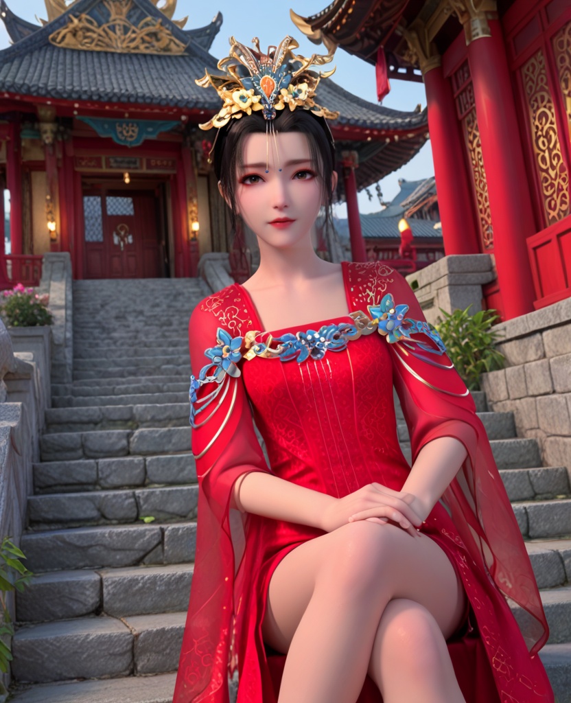 (oriental architecture, elegant decor, sophisticated style:1.1),(Sitting on a staircase with legs stretched out, taking a moment to rest,:1.1),(breasts:1.2),<lora:XL少年歌行李寒衣婚服:0.95>,miss lihanyi,red chiffon strapless sundress,red shawl sleeves,flower shaped hair ornament,black hair,eyeshadow,brown eyes,jewelry,red lips,, score_9,score_8_up,score_7_up,score_6_up,score_5_up,score_4_up,3d rendering,tag1,tag2, Cinematic Lighting,backlighting,
