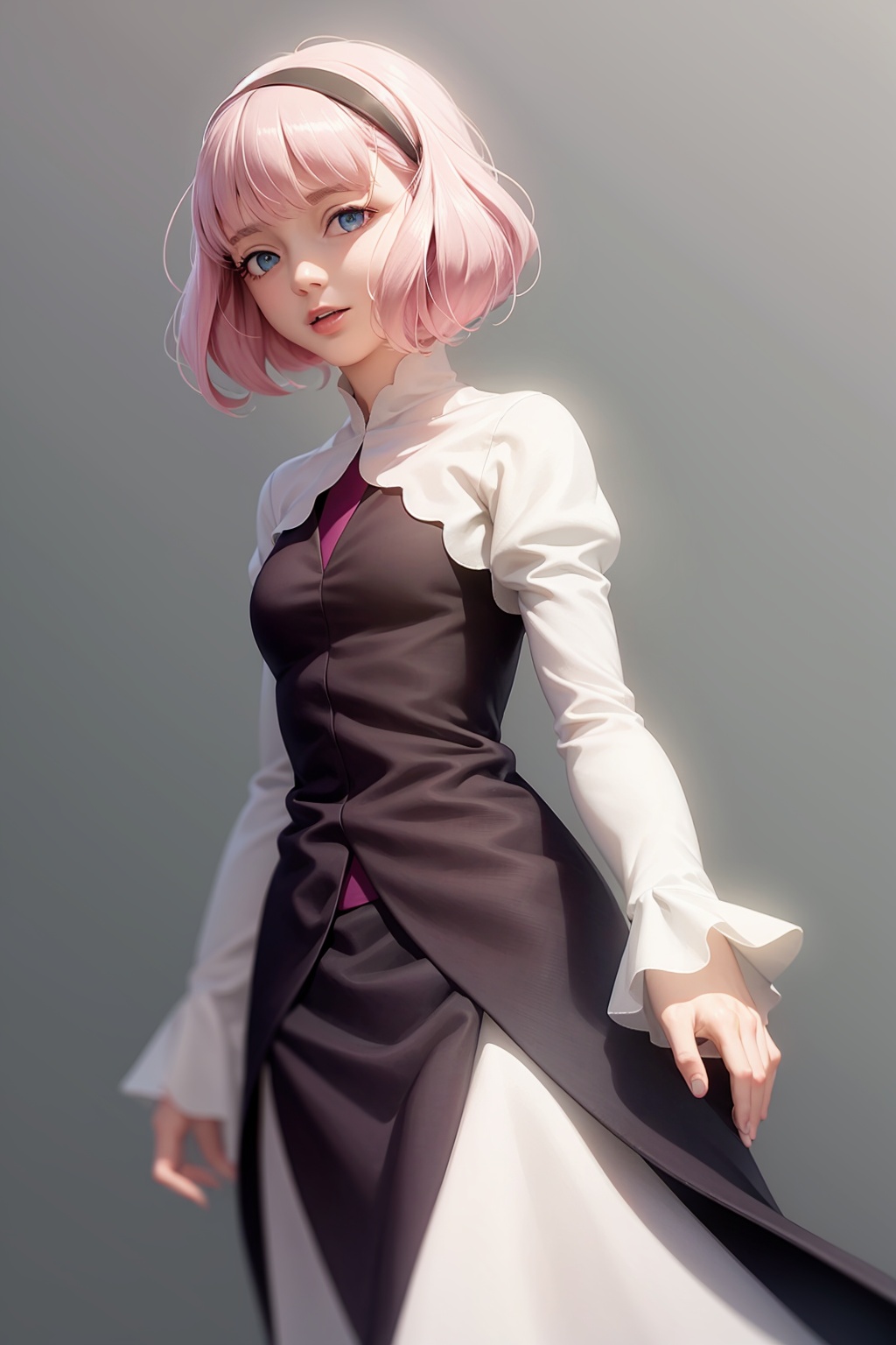masterpiece, best quality, <lora:lemrina:1>,1girl,hairband,pink hair,short hair,blunt bangs, bob cut,blue eyes,white dress,long sleeves,puffy sleeves, grey background, cowboy shot,