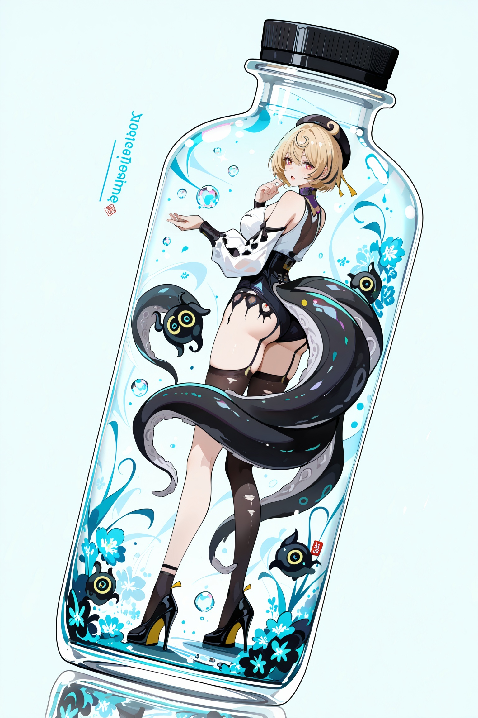 masterpiece,best quality,good quality,1girl,::,__artist__,year 2024,(blending:1.4),(limited palette:1.2),(no lineart:1.2),(flat color:1.2),(light blue background:1.2),(spot color:1.2),dutch angle,minimalism,silhouette,flat color,open mouth,no lineart,breasts,limited palette,signature,very awa,masterpiece,best quality,newest,highres,absurdres,<lora:add-detail-xl:0.8>,<lora:jijia-gnoobv-Tanger-000014:0.7>,jijia,2d,anime,1girl,solo,looking at viewer,in container,see-through,standing,hand up,character name,black background,reflection,copyright name,gradient,a glass bottle with a picture of a woman on it,a picture of a girl inside a clear container with a bunch of stuff in it,interval glass,inside the container,glass separation,<lora:Yidhari-noob-Tanger:0.9>,Yidhari Murphy \(Zenless Zone Zero\),clothes: Yidharidef corset,Yidharidef Tentacle-like tail,Yidharidef single black garter,Yidharidef detached sleeves,Yidharidef Beret,1girl,breasts,blonde hair,black headwear,torn right  single thighhigh,short hair,black footwear,high heels,ahoge,tentacles,garter straps,bangs,from behind,ass,looking back,