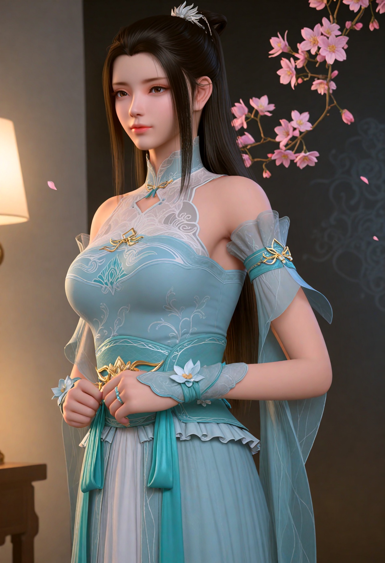 (cowboy shot:1.2),(gigantic breasts:0.6),(slender:1.3),(looking_at_viewer:1.1),(masterpiece:1.1),(best quality:1.2),(intricate details),dim lighting,(smog:1.3),(Dark room:1.3),(dim lighting:1.3),peach blossom,falling petals,<lora:YQ_li光辉v5_薰儿青衣中分_V1:0.8>,q1528437228,solo,1girl,long_hair,dress,black_hair,bare_shoulders,hair_ornament,blue_dress,detached_sleeves,chinese_clothes,brown_hair,sash,jewelry,hair_bun,realistic,brown_eyes,white_dress,ponytail,single_hair_bun,necklace,see-through,dark_skin,pantyhose,ribbon,china_dress,green_dress,masterpiece,(best quality),(intricate details:0.9) BREAK masterpiece,(best quality),(intricate details:0.9),(realistic skin:1.2),