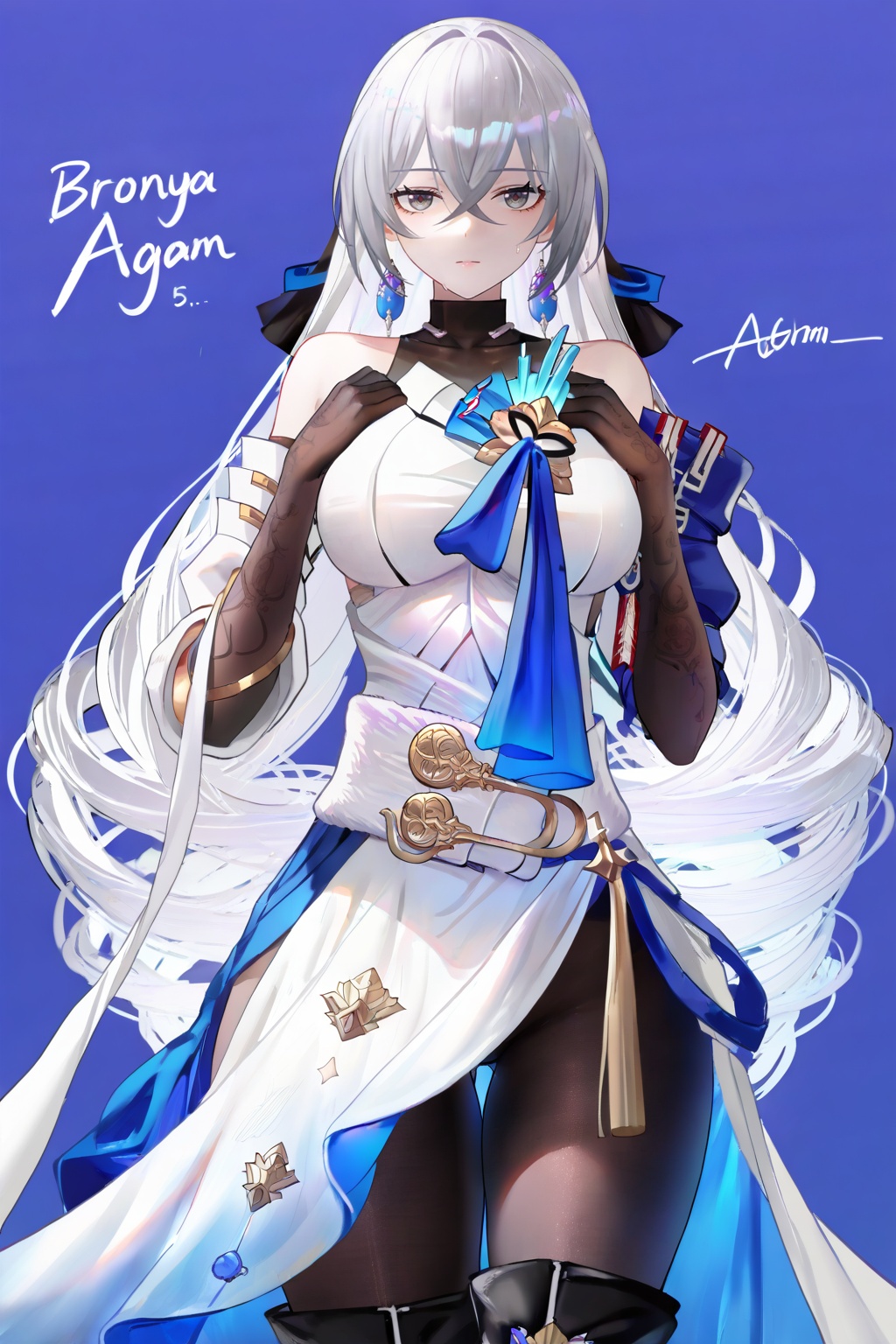 masterpiece,best quality,((artist:reoen),(artist:fuzichoco),(artist:atdan),(artist:torino_aqua:0.5),year 2024:0.5),(artist:omone_hokoma_agm:0.8),<lora:jijia-gnoobv-Tanger-000014:0.7>,<lora:dayaya-noob-Tanger:0.8>,bronya_rand_/(honkai:_star_rail/),bronya_rand,clothes:bronya_rand_def,xtyaya,classical military uniform,1girl,gloves,long hair,boots,bangs,jijia,2d,anime,1girl,breasts,solo,looking at viewer,bangs,large breasts,simple background,blue background,cowboy shot,hands on own chest,closed mouth,thighs,sweat,
