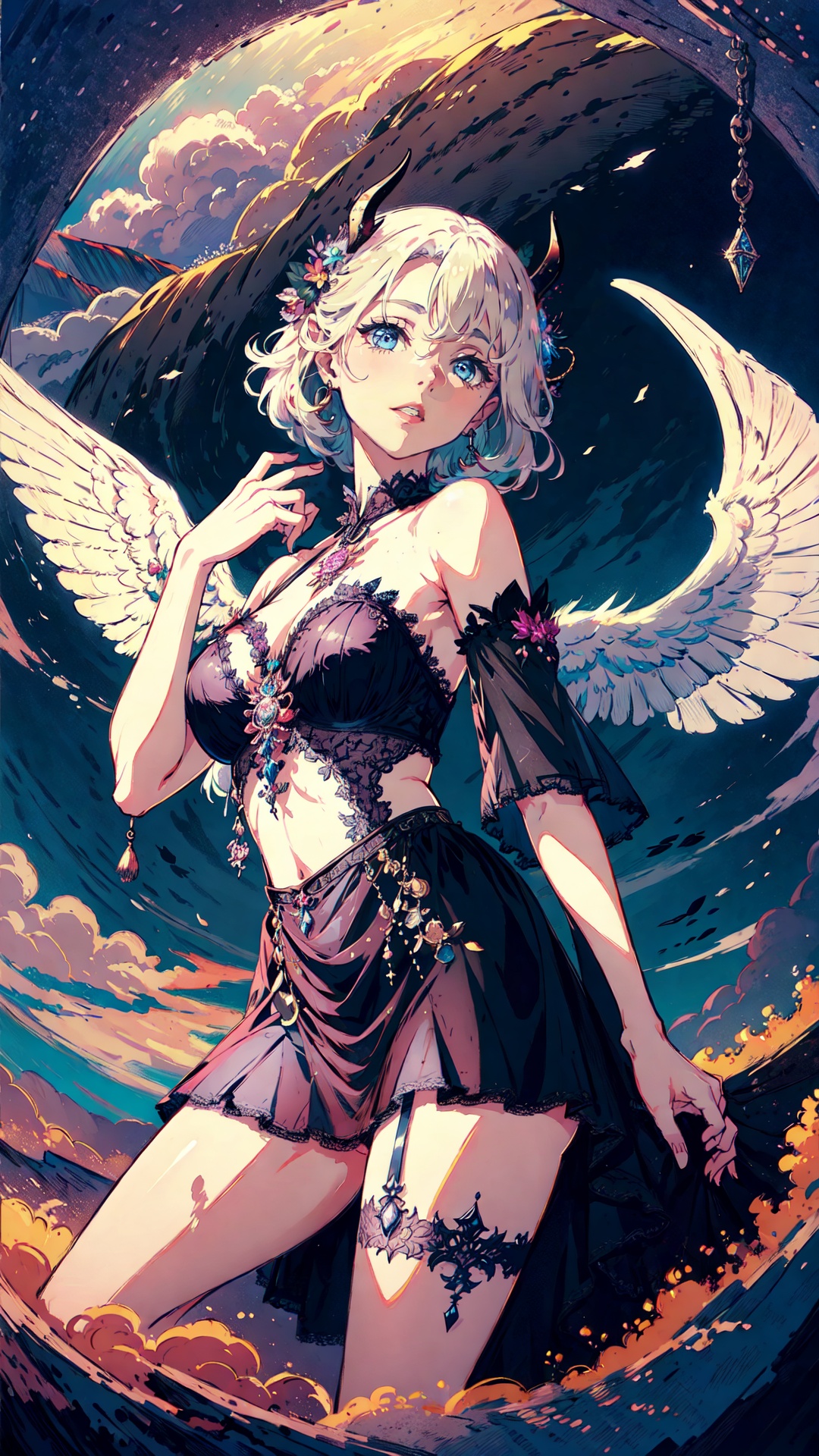 tutututu, breasts, medium breasts, see-through, underwear, lingerie, skirt,((best quality)), ((masterpiece)), (detailed), alluring succubus, ethereal beauty, perched on a cloud, (fantasy illustration:1.3), enchanting gaze, captivating pose, delicate wings, otherworldly charm, mystical sky, (Luis Royo:1.2), (Yoshitaka Amano:1.1), moonlit night, soft colors, (detailed cloudscape:1.3), (high-resolution:1.2), <lora:tutucs_v1:0.85>