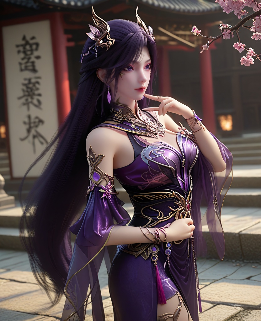 (oriental architecture, elegant decor, sophisticated style:1.1),(saluting:1.1),(breasts:1.2),<lora:XL16长生界燕倾城:0.95>,miss yanqiancheng,purple dress,purple eyes,eyeshadow,very long hair,dark purple hair,hair ornament,earrings,jewelry,bare shoulders,detached sleeves,wristlet,sash,spiral leg decoration,, score_9,score_8_up,score_7_up,score_6_up,score_5_up,score_4_up,3d rendering,tag1,tag2, Cinematic Lighting,backlighting,