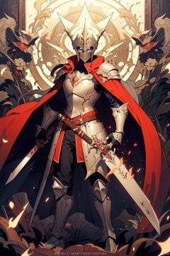 solo, holding, standing, weapon, sword, cape, holding weapon, armor, glowing, holding sword, helmet, shoulder armor, gauntlets, facing viewer, 1other, pauldrons, breastplate, red cape, knight, full armor, ambiguous gender, embers<lora:EMS-33085-EMS:0.500000>, <lora:EMS-2249-EMS:0.300000>