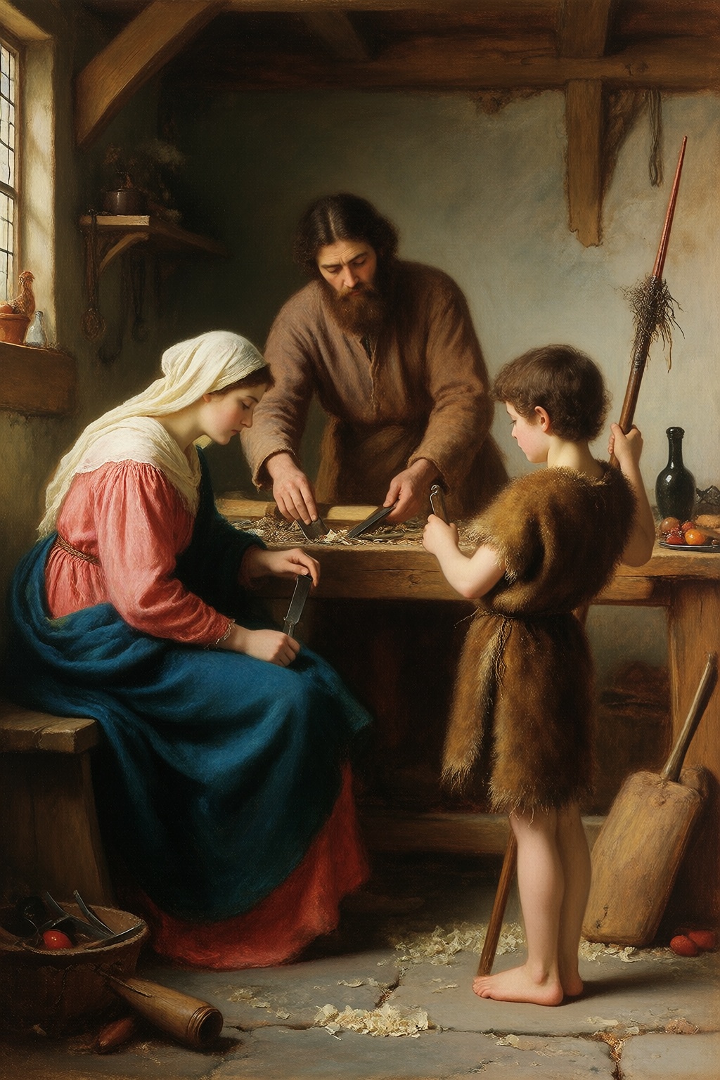 John Everett Millais style,  Christ in the carpenter's shop with Mary and Joseph,  young John the Baptist arriving on Tens...