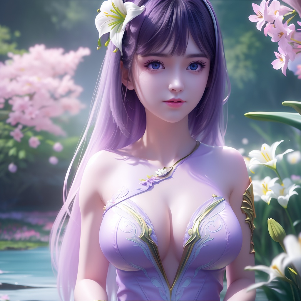 <lora:739-DA-斗破苍穹-慕青鸾:0.8>, (,1girl, ,best quality, ),looking at viewer,  ,ultra detailed 8k cg,ultra detailed background,ultra realistic 8k cg,1girl, solo,(bare shoulders:0.85),(masterpiece, best quality),((oil painting style)),sexy young lady,(beautiful face and eyes),(upper body:1.5),(whole body:1.05),(single person:1.2),surrounded by flowers, (lily), roses, floret, vegetation, white, purple, purplish pink,Impressionism,colorful,(Breast size:1.3),(cleavage),
