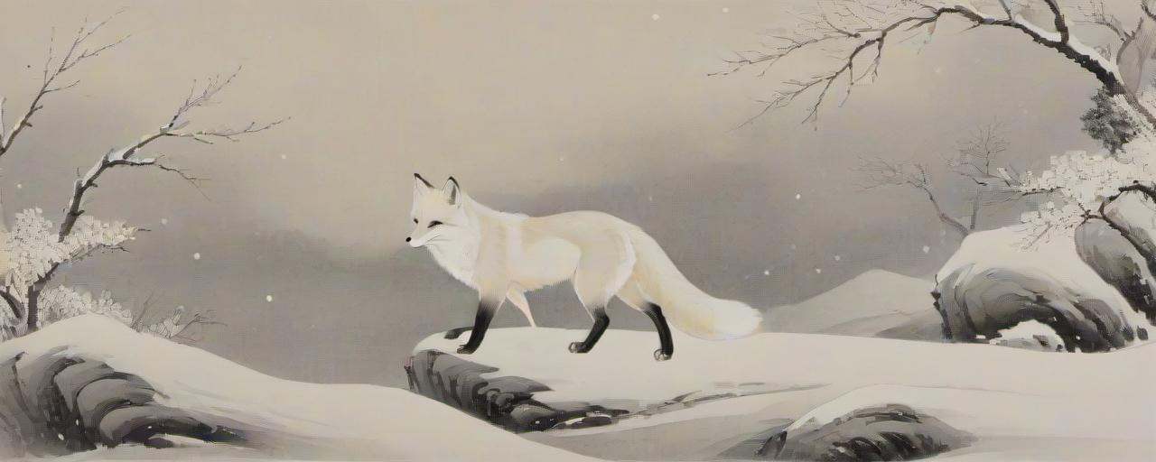 8k, masterpiece, best quality, 2D, traditional chinese ink painting, looking at viewer, focal length is 25mm,1 (white:1.2)_fox with white big tail,background is many snow, white Snowflakes fall, col, night, (sky:1.2), ink, <lora:watercolor-ink-sketch-v1:0.4>,