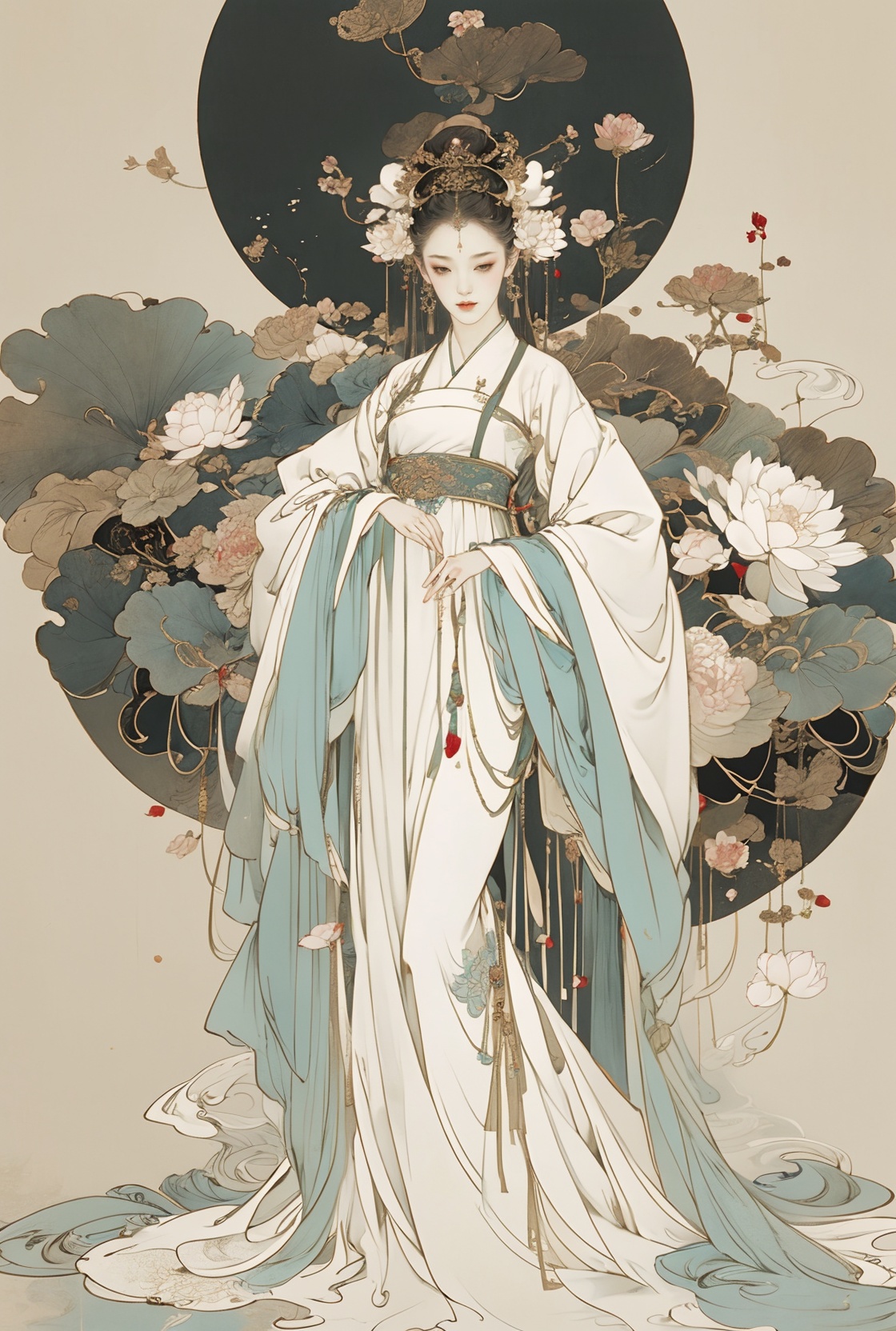<lora:工笔风格_ 流年_V1:0.35>,((4k,masterpiece,best quality)), shuimobysim, traditional chinese ink painting, lotus, hanfu, maxiskit, dress conservatively 1 girl, solo, white hair, long hair, fox ears, white, bikini, fish, many fish near girl, look at viewer, tease， <lora:国风雅韵工笔_v1.0:0.4> <lora:安妮ani~红色汉服美丽小姐姐！_1.0:0.2> <lora:新国风x工笔_V1:0.2> <lora:柔金指Soft gold finger_1.0:0.2><lora:细节制造_V1:0.25>  <lora:青蓝色中国风_cyan_1.0:0.3> <lora:Mucha:0.2>