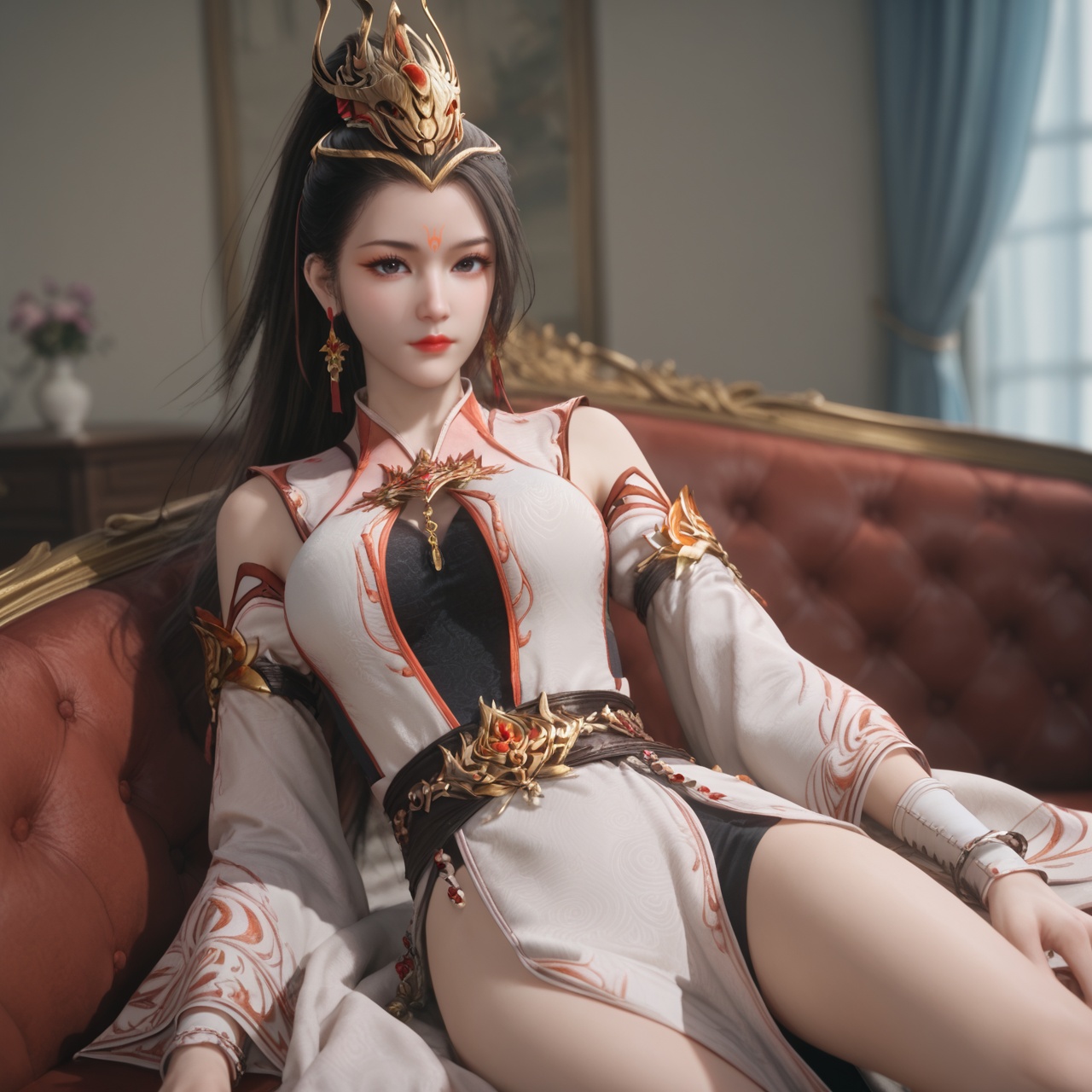 score_9,score_8_up,score_7_up,score_6_up,best quality,masterpiece,8k,simple background,sfw,bright,perfect hands,depth of field,<lora:酒玖-师兄啊师兄-pony:0.8>,jiujiu,1girl,solo,jewelry,forehead mark,earrings,dress,long hair,ponytail,hair ornament,closed mouth,looking at viewer,bare legs,pelvic curtain,makeup,lips,skinny,large breasts,slender body,(lying on couch:1.2),blue curtains,