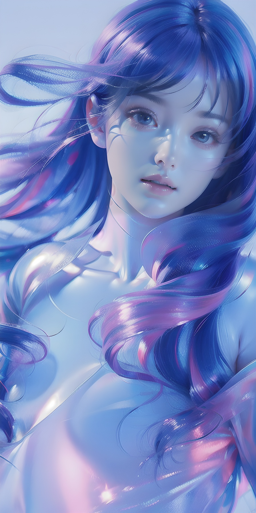 1girl, solo, blue eyes, hair over one eye, smile, looking at viewer, upper body,(holo hair), (purple|blue hair),breasts, lips, bangs, nose, closed mouth, medium breasts, realistic, simple background,(realistic:1.5),masterpiece, Extremely detailed CG unity 8k wallpaper, best quality, highres:1.2),(ultra_detailed, UHD:1.2),(pixiv:1.3),perfect illumination,distinct,unreal engine,sidelighting,perfect face,detailed face,beautiful eyes,pretty face,(bright skin:1.3),idol,ulzzang-6500-v1.1,soft smile,(simple background),(depth of field),(ringed eyes:1.4), (holo,holographic hair,holographic body),water, holo water,  <lora:holo_20230701001227:0.6>, <lora:meinv123:0.7>, <lora:磨砂玻璃几何（微软风）:1.2>, 