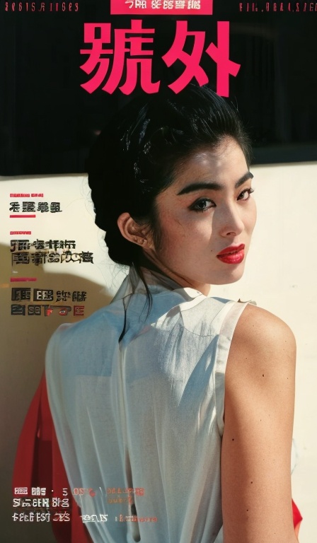 old cover,solo_focus,bracelet,((milf,looking at viewer,arms_down)),portrait,medium hair,black_hair,girl on magazine cover,chinese text,text,(cover-style),fashionable,vibrant,outfit,posing,front,colorful,solo,looking at viewer,shirt,((1girl)),formal,dress,suit,Visual impact,A shot with tension,(upper body:1.1),cold attitude,detailed face,eyelashes,<lora:old cover_20240407230701:0.9>,1980s \(style\),<lora:zhangmin6:0.7:lbw=1,0,0,0,1,1,0,0,1,1,1,1,1,1,1,1,1>,zhangmin face,zhangmin body,dimly lit,low key,<lora:epi_noiseoffset2:1>,<lora:perfect hands:0.7>,