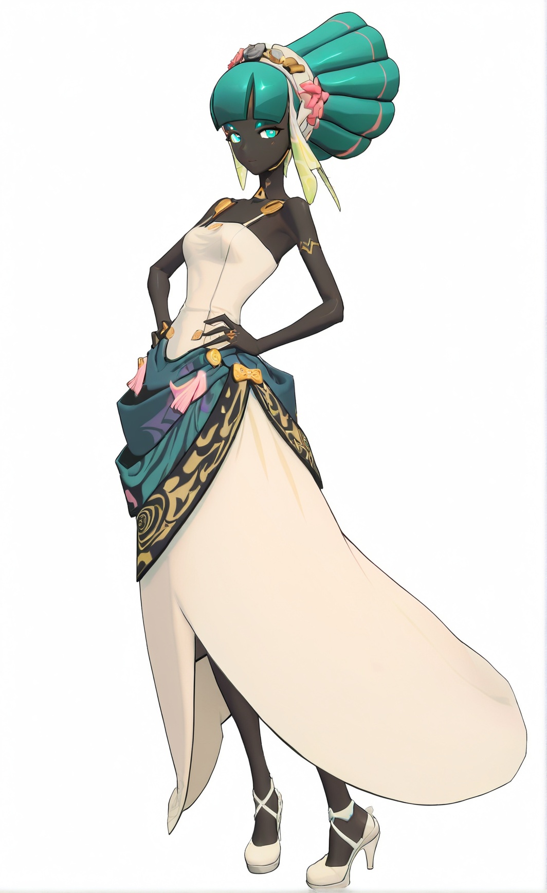 8k, best quality, masterpiece, (ultra-detailed), (high detailed skin), (white background), (full body:1.2), (white background), standing, looking at viewer, (solo:1.2), hands on  hip, <lora:zzzstyle-artiwaifu-Tanger-000011:0.8>, aifa, aifa's def clothes, zzz style, dark skin, 1girl, dress, 