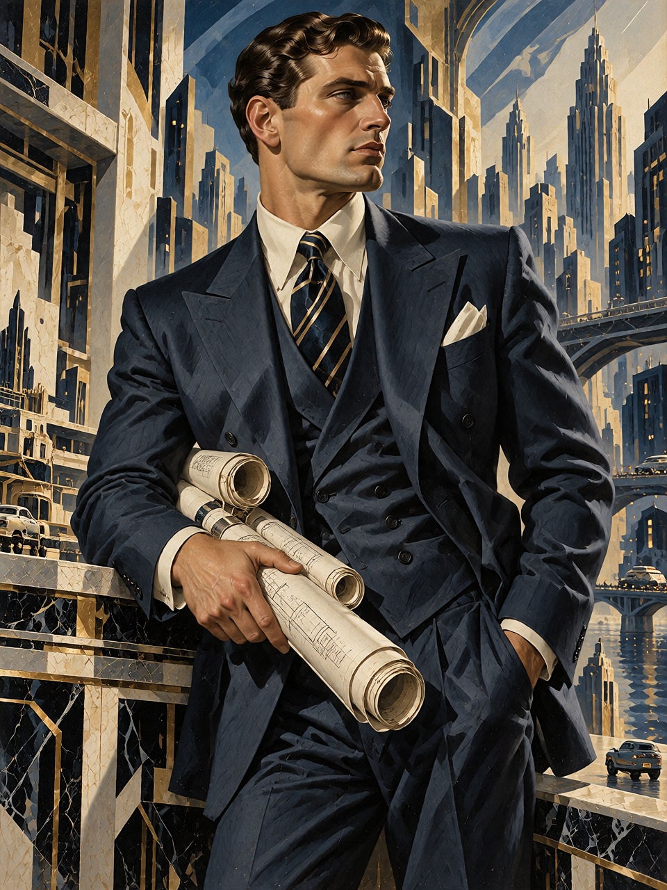 A handsome dark-haired man in a tailored midnight-blue suit standing beside an enormous architectural model of a futuristi...
