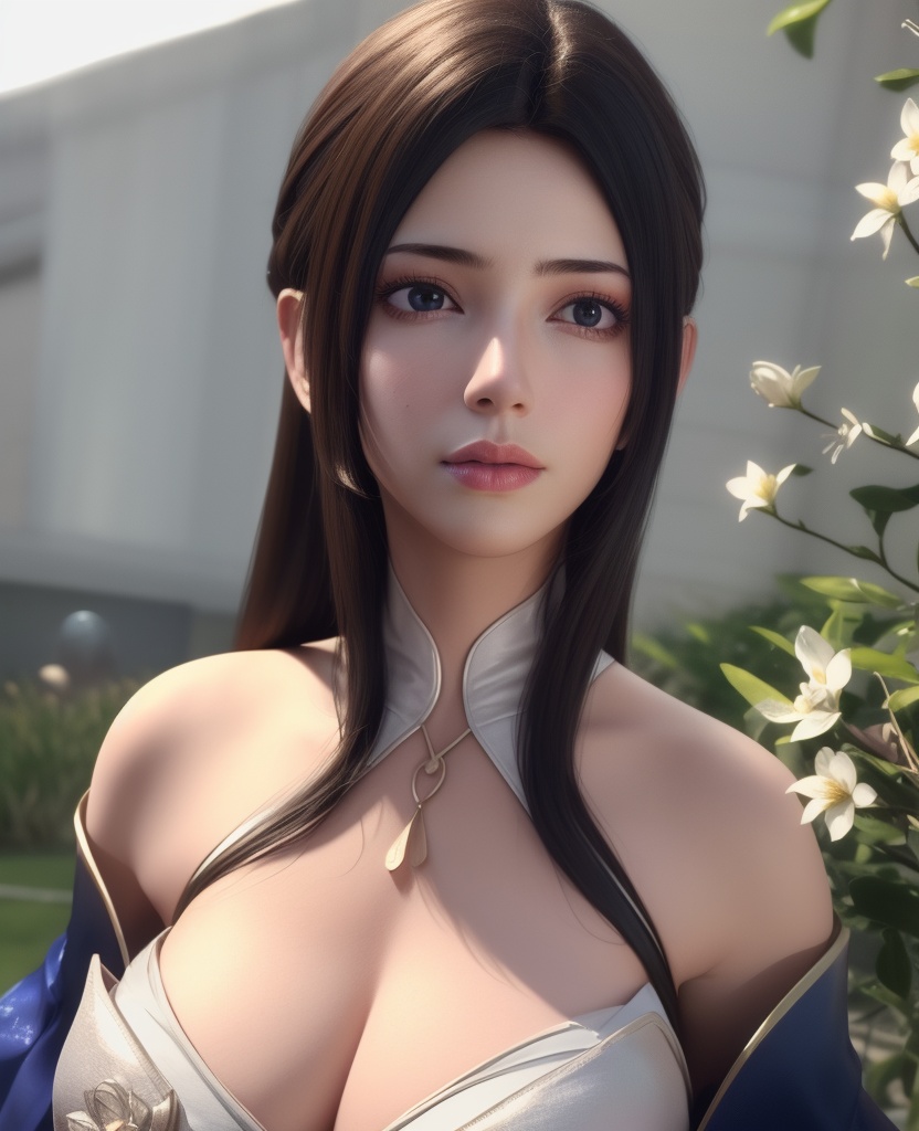 <lora:584-DA-星辰变-白灵:0.8>(,1girl, ,best quality, ),looking at viewer,  ,,ultra detailed background,ultra detailed background,ultra realistic 8k cg, ,masterpiece, (( , )),, realistic,science fiction,mole, ultra realistic 8k cg, ,     ,crescent moon, jasmine \(flower\),     (cleavage), (),