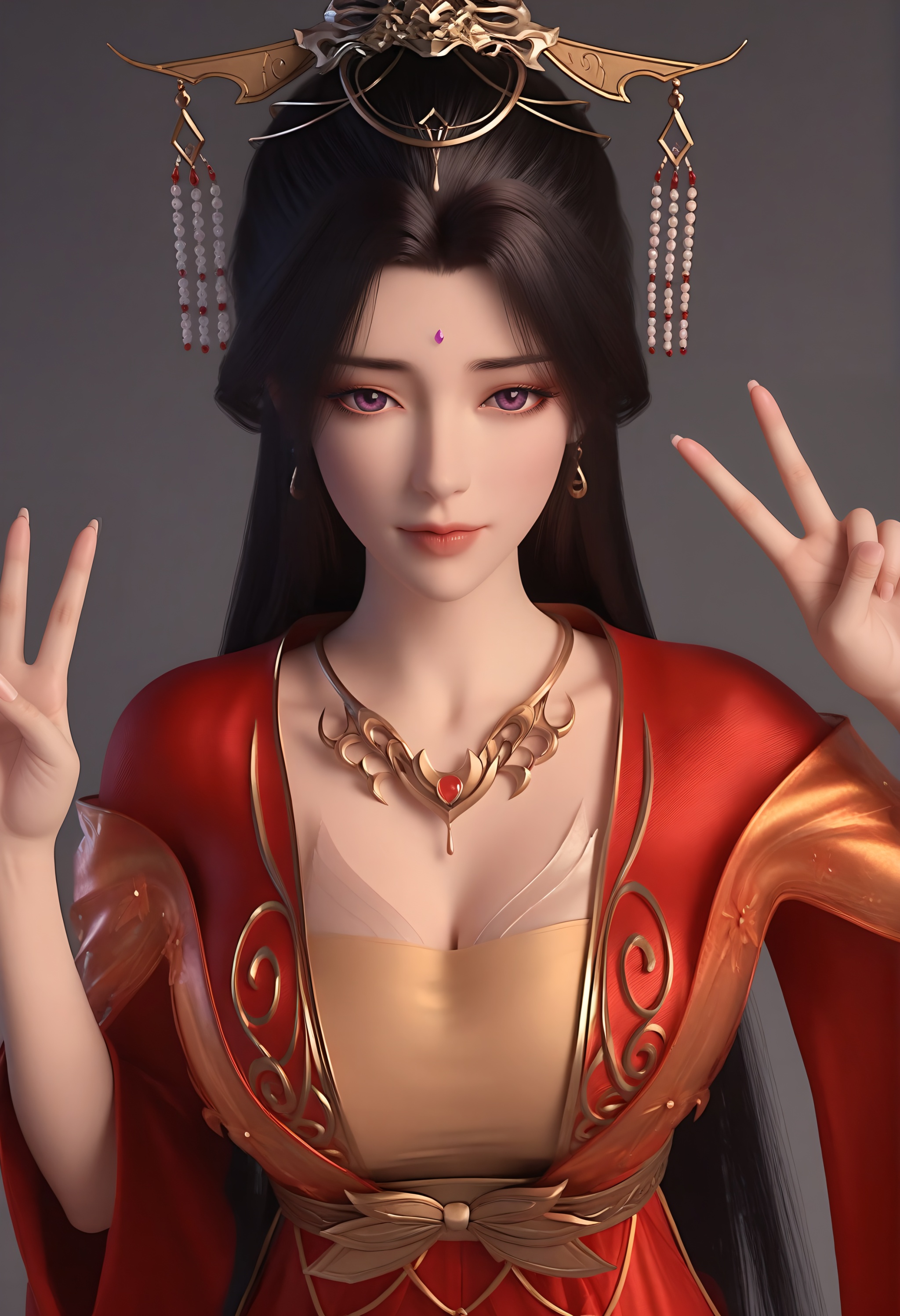 (score_9),upper body,<lora:红月婵-apony:0.85>,yuechanm,1girl,solo,hair ornament,jewelry,long hair,forehead jewel,earrings,tiara,necklace,hair bun,black hair,purple eyes,red dress,shoulder ribbon,belt,long dress,cleavage,(glamor),curvy,mature_female,collarbone,pointy breasts,puffy breasts,(large teardrop breasts),teardrop breasts,BREAK<lora:Expressive_H-000001:0.8>,light blush,Expressiveh,looking at viewer,selfie,(double v),closed mouth,<lora:e肤色滑块:0.35>,fair_skin,((pale skin)),(white_skin),ultra-detailed skin texture,detailed textures,<lora:皮肤凹痕:1.2>,BREAK<lora:e色温:-0.35>,simple background,grey background,Tyndall effect,available light,depth of field,lens_flare,4K ultra HD,sharp focus,high detail,high contrast,