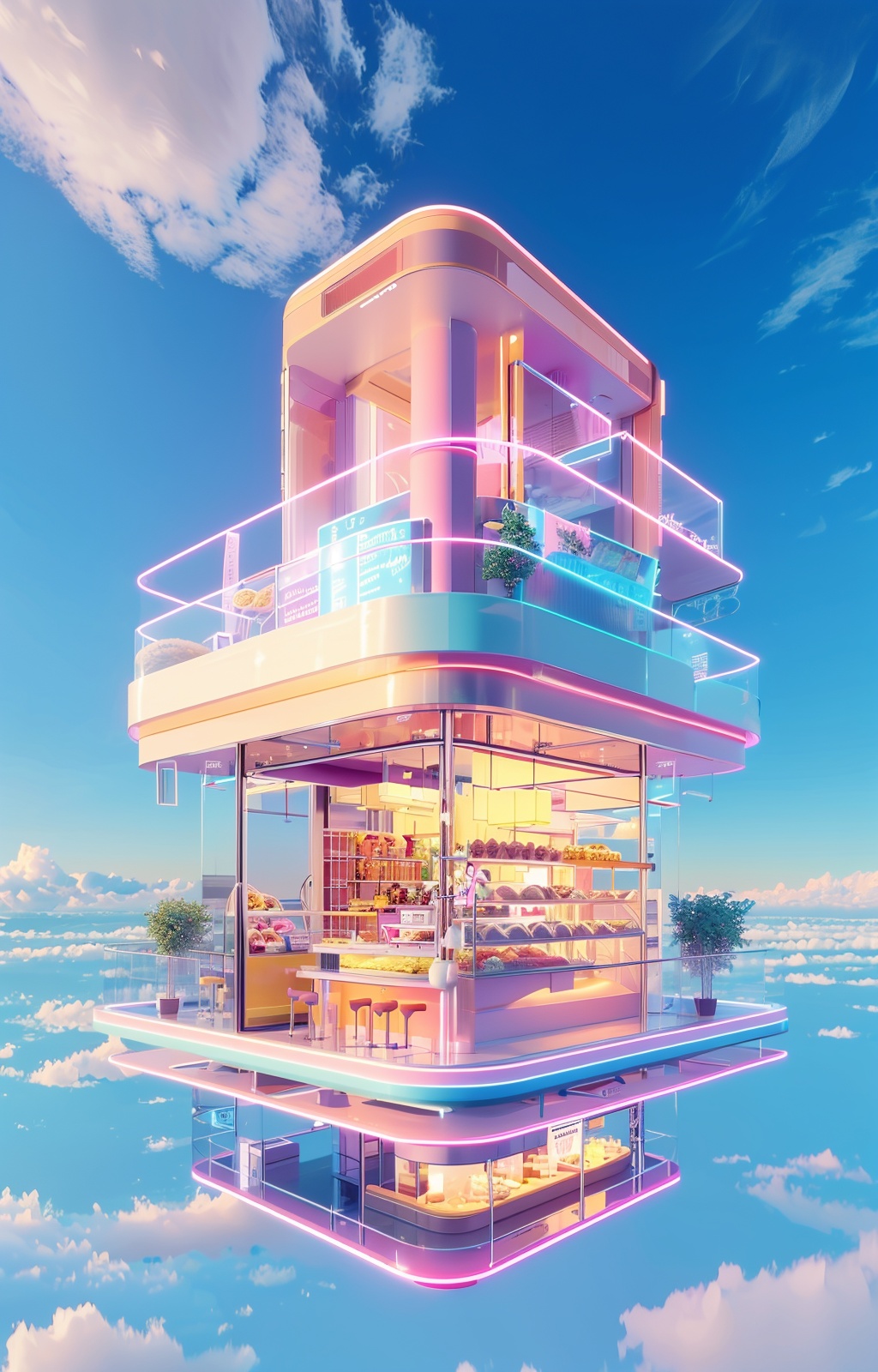 xianxiakv,no humans,scenery,sky,cloud,shop,reflection,outdoors,A futuristic food pop-up shop,soft pastel colors,<lora:xianxiakv:1>,