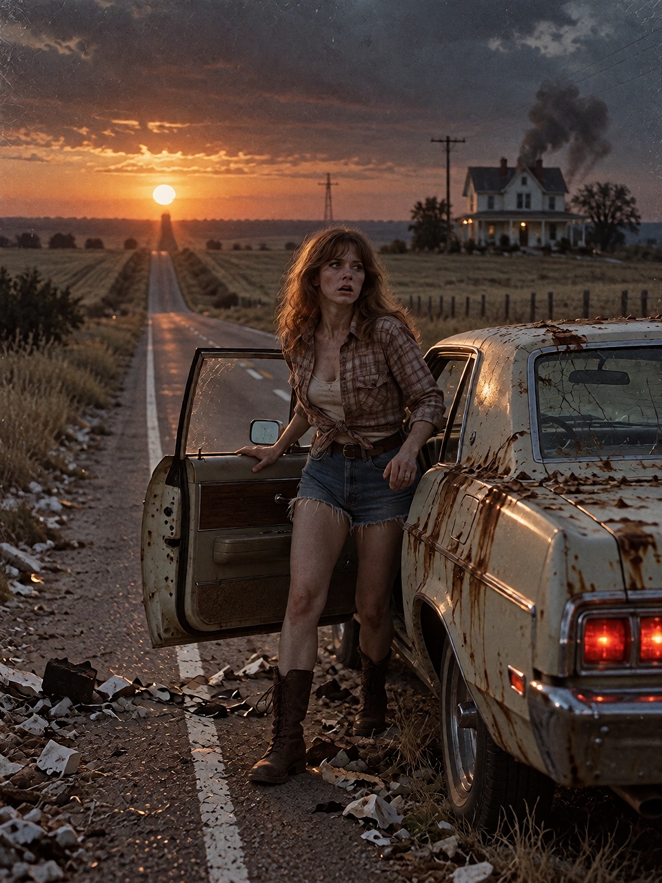 1974 rural exploitation horror film still,  a frightened ***** redhead wearing denim shorts and a tied plaid shirt standin...
