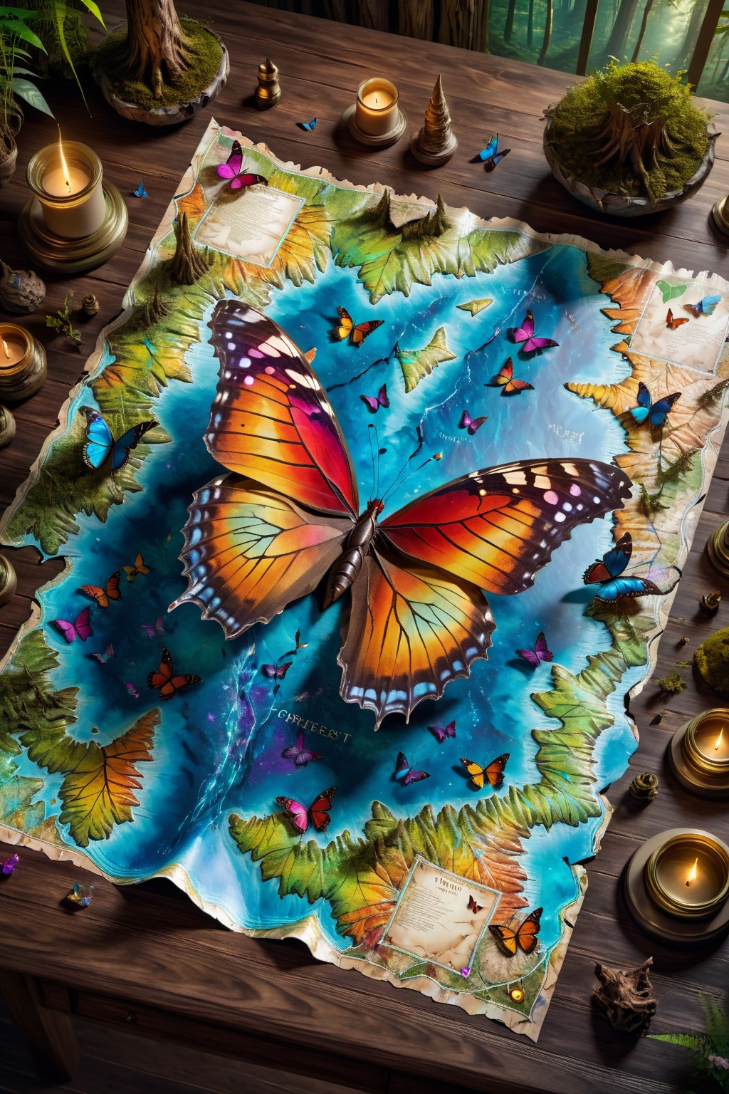 top view of ( map) butterfly forest (3 dimensional),  torn and worn,  map looks to be floating off the paper on Tensor.Art