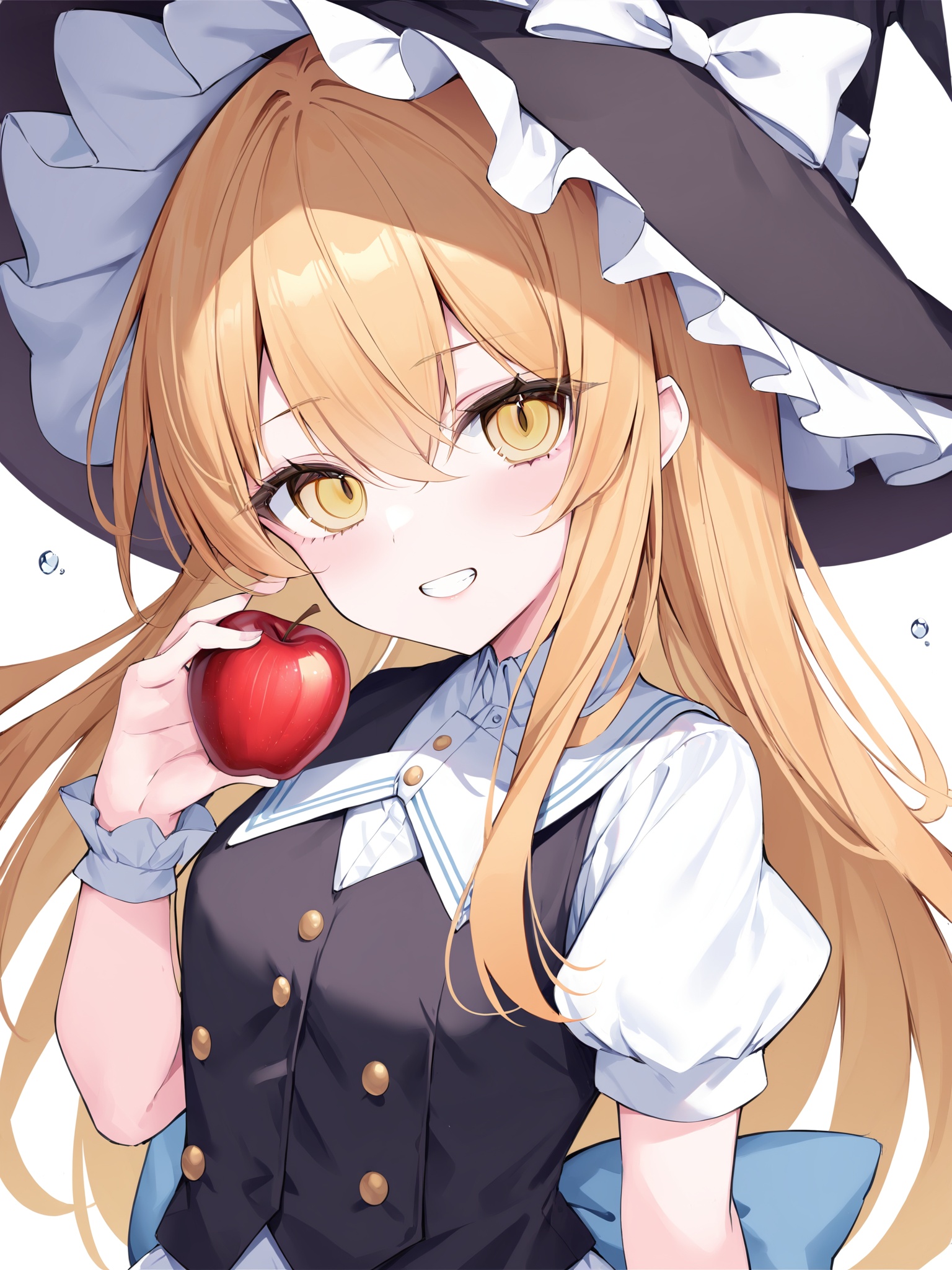 (masterpiece),(bestquality),1girl,kirisame marisa,solo,best quality,detailed,white background,simple background,upper body,looking at viewer,holding fruit,grin,teeth,yellow eyes,hair between eyes,eyebrows visible through hair,blonde hair,long hair,floating hair,single braid,bangs,witch hat,hat bow,white shirt,frilled hat,skirt,black vest,waist apron,puffy short sleeves,apple,wrist cuffs,white bow,black headwear,hand up,water,back bow,buttons,blurry,<lora:heyiling-v3-000010:0.8>,ringed eyes,