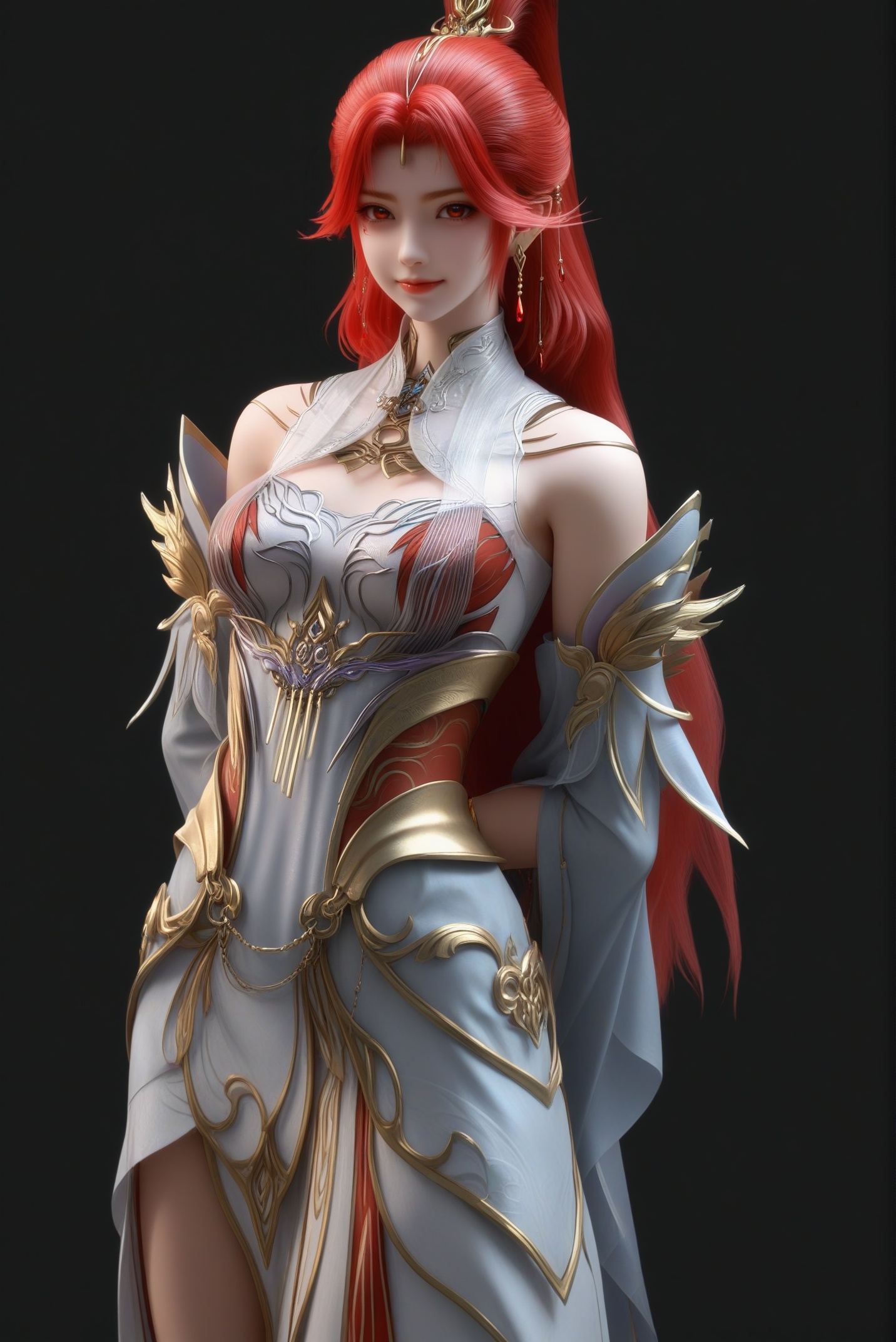 masterpiece,best quality,absurdres,highres,1girl,solo,<lora:火允儿-ill-000009:0.83>,huoyuner,red hair,long hair,high ponytail,makeup,jewelry,hair ornament,dangling earrings,red gemstone,forehead decoration,BREAKcollarbone,sheer overlay,bare shoulders,sheer collar,high collar,detached sleeves,fantasy dress,long skirt,bracelet,high slit skirt,looking at viewer,front view,standing,smile,(arms behind back),BREAKsimple background,black background,