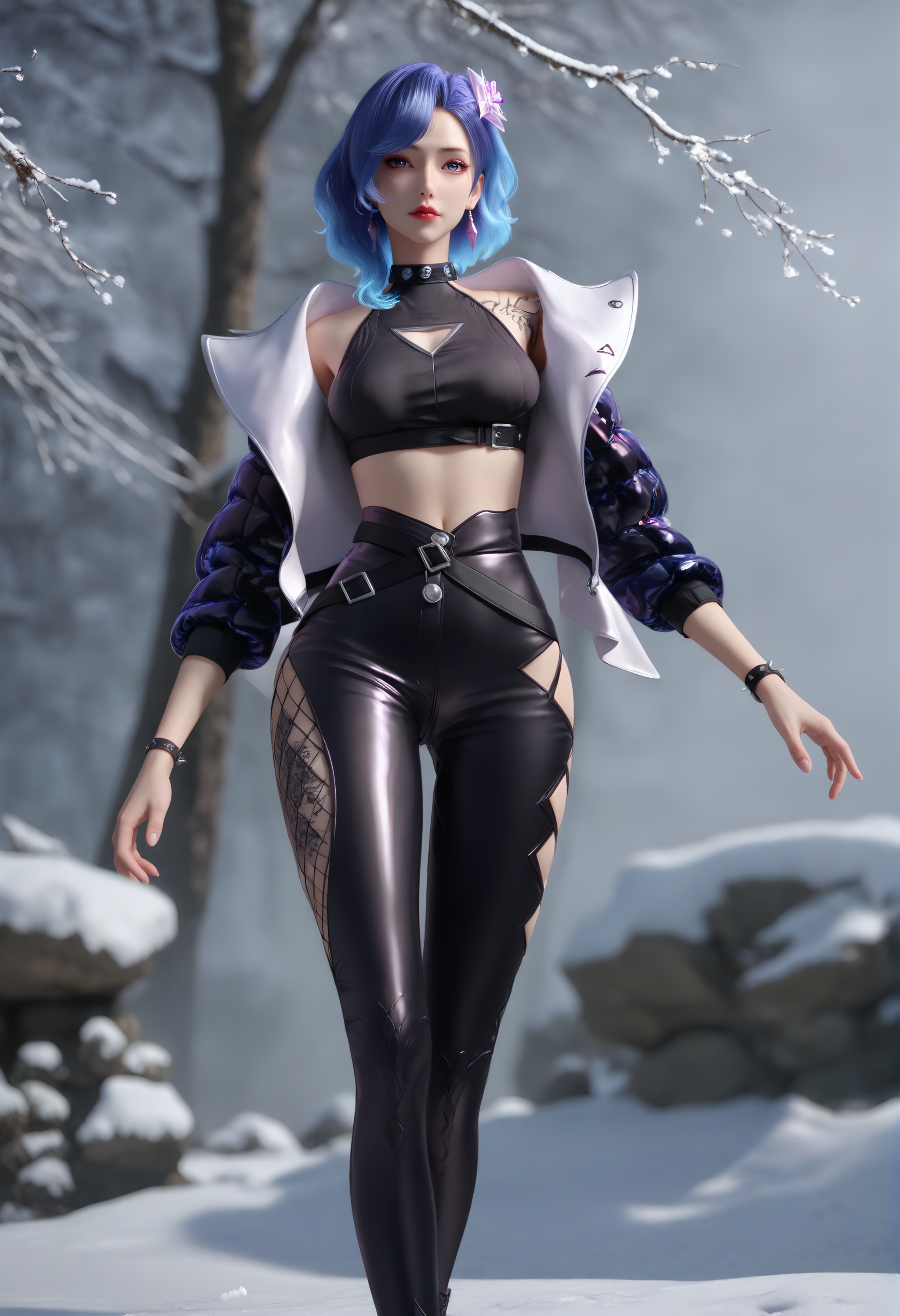 (score_9),<lora:想入菲菲-apony:0.86>,xrff,solo,1girl,blue hair,hair ornament,jewelry,earrings,<lora:Expressive_H-000001:0.862>,light blush,blue eyes,looking at viewer,front view,belt collar,gem,shoulder tattoo,open jacket,crop top,black_crop top,clothing cutout,cleavage cutout,spiked bracelet,belt,tight pants,high heels,anklet,mismatched_tight pants,spoken heart,dutch angle,dynamic_angle,(mature_female:1.2),collarbone,pointy breasts,puffy breasts,(large teardrop breasts),<lora:e肤色滑块:0.5>,fair_skin,(pale_skin),(white_skin),<lora:e色温:0.35>,light skin,ultra-detailed skin texture,detailed textures,<lora:皮肤凹痕:1.2>,BREAKsimple background,in snow,Tyndall effect,available light,depth of field,tree,snowflakes,branch,twig,Tyndall effect,available light,depth of field,rock,4K ultra HD,sharp focus,high detail,natural lighting,high contrast,