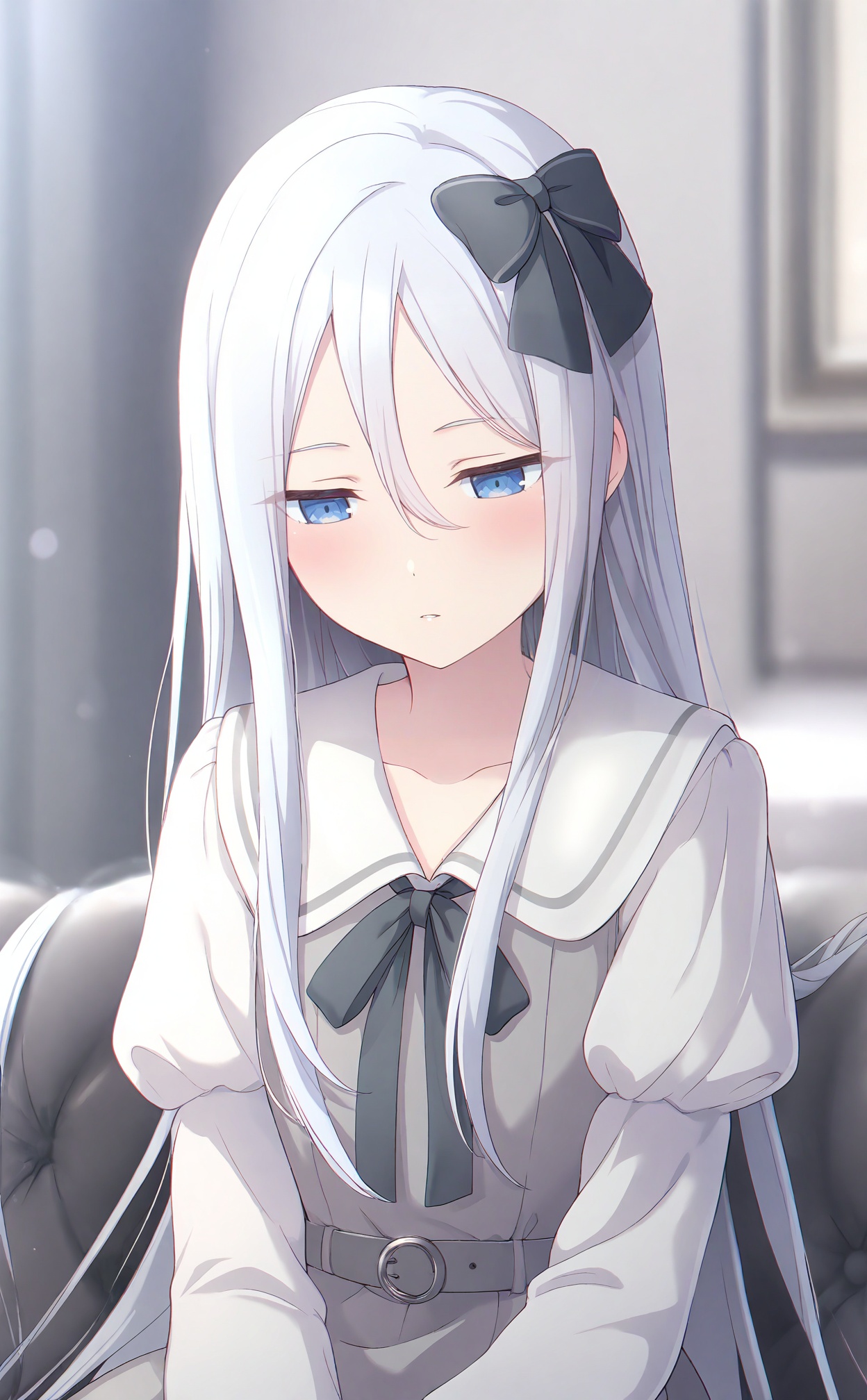 masterpiece,highres,absurdres,newest,best quality,loli,petite,high quality,chromatic_aberration,//,1girl,solo,long_hair,blue_eyes,white_hair,hair_between_eyes,neck_ribbon,long_sleeves,sitting,ribbon,parted_lips,dress,white_dress,puffy_sleeves,blurry_background,bow,blurry,hair_bow,indoors,grey_vest,frills,vest,half-closed_eyes,juliet_sleeves,grey_dress,black_ribbon,very_long_hair,collarbone,grey_belt,shirt,looking_down,black_bow,belt,white_sailor_collar,puffy_long_sleeves,yoisaki_kanade,straight_hair,frilled_shirt_collar,couch,sailor_collar,depth_of_field,upper_body,sidelocks,blush,grey_hair,hair_ribbon,lens_flare,grey_shirt,closed_mouth,buttons,white_shirt,//,<lora:PJSKcg925——【NOOB】hans:0.8>,