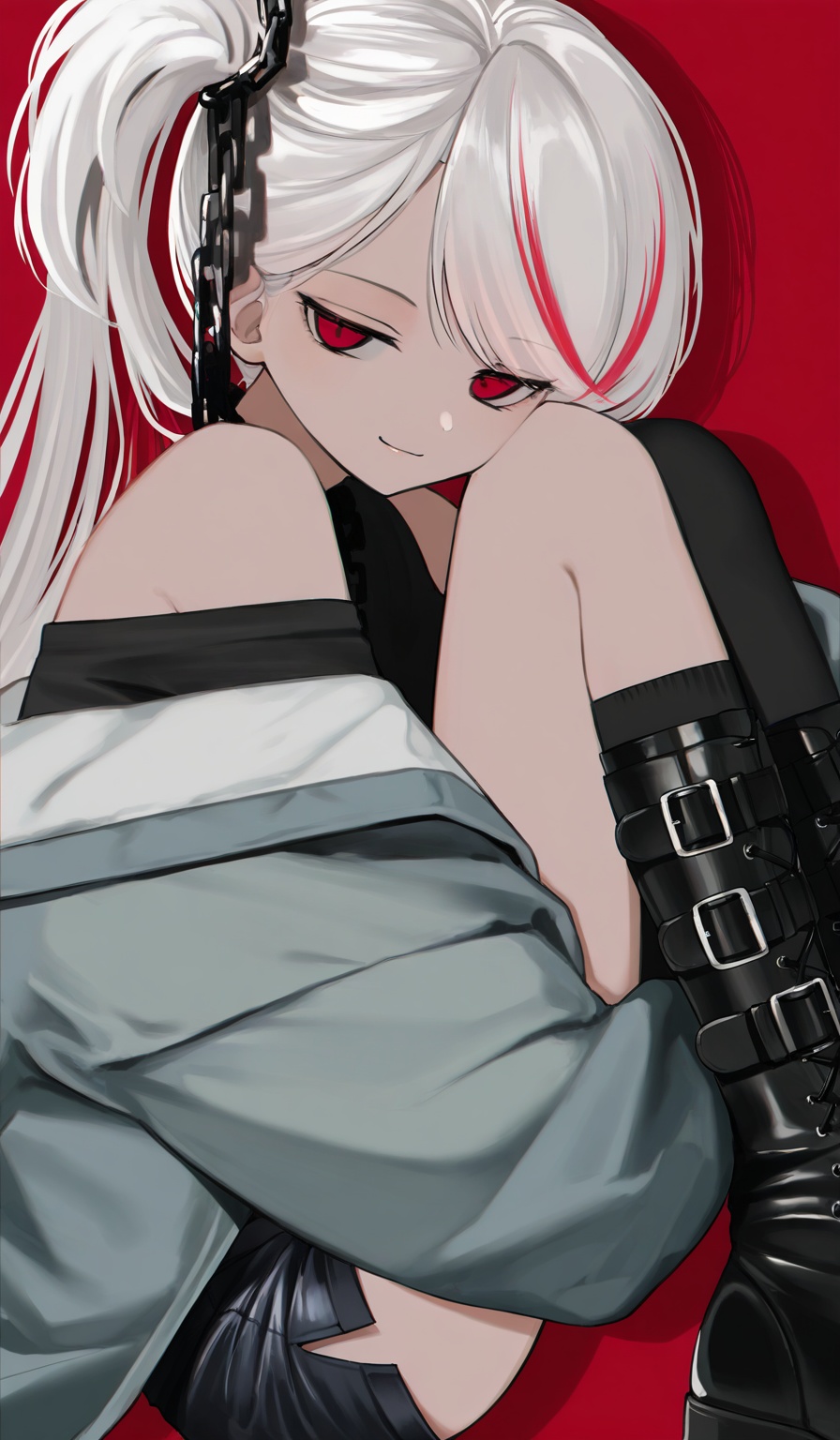 <lora:HonnryouHanaru-Style>,highres,absurdres,newest,very awa,masterpiece,best quality,year 2024,(upper body:1.6),1girl,solo,red eyes,white hair,long hair,(swept bangs),red streaked hair,side ponytail,open jacket,off-shoulder shirt,bare shoulder,long sleeves,shorts,chain,side slit,boots,buckle,single thighhigh,black thighigh,upper body,looking at viewer,(jitome:1.2),tsurime,light smile,smirk,(lying:1.3),on side,hugging own legs,simple background,drop shadow,