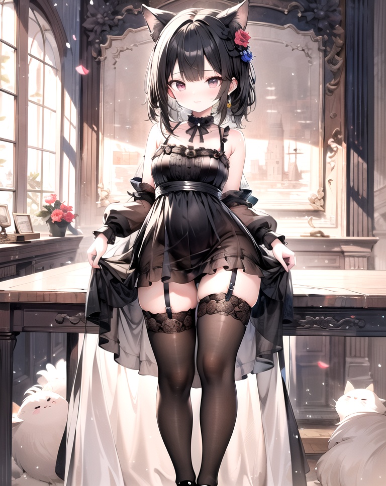 absurdres,masterpiece,Highly detailed,ultra-fine painting,sharp focus,physically-based rendering,extreme detail The description, Professional, Vivid Colors, a loli,(full body) camisole, black stocking, neon towns,<lora:百鬼墨:0.8>,, masterpiece, best quality