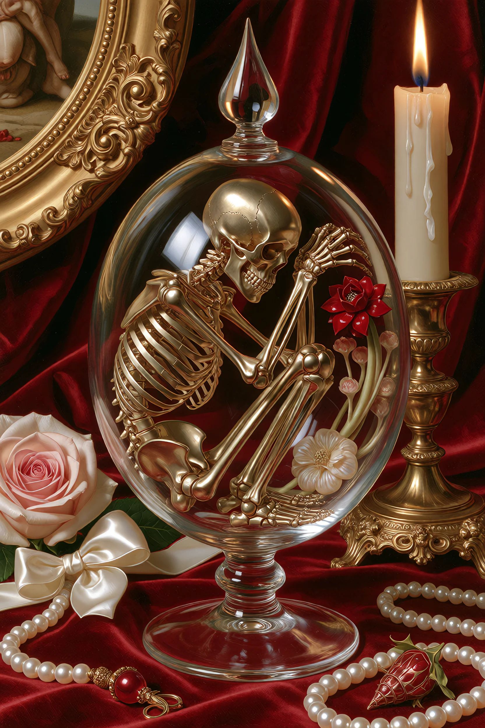 sacredmenag,  an ornate glass reliquary containing a tiny articulated golden skeleton curled inside,  surrounded by pearls...