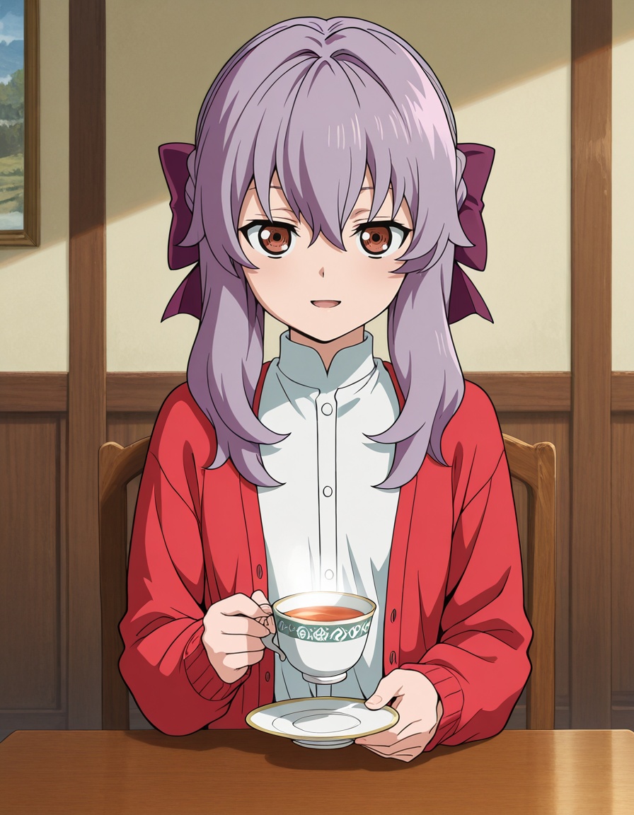 masterpiece, best quality, amazing quality,1girl, cowboy shot, solo, holding tea cup, steam, open mouth, looking at viewer, light smile, table, sitting, painting,shinoa hiiragi (owari no seraph), long hair, purple hair, purple hair bow, half up braid, sidelocks, hair between eyes, brown eyeswhite shirt, high collar, long sleeves, red cardigan, open clothes,<lora:shinoa_hiiragi-owari_no_seraph_s2-ixl-anime-soralz:1>, <lora:StS-Illustrious-Detail-Slider-v1.0:3>