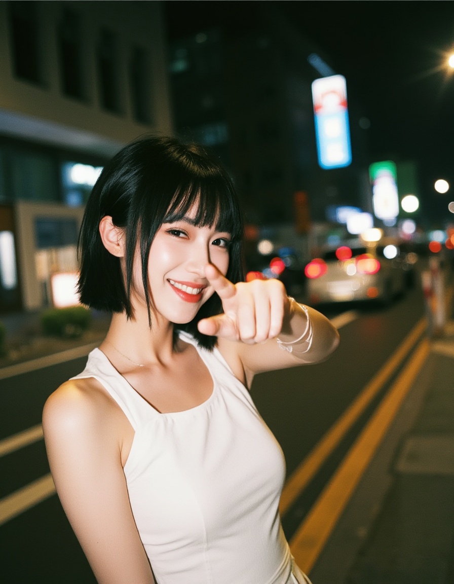 neomj,flashlight,Film Photography,A young woman with short bobbed hair and bangs winks and points a finger at the viewer while smiling. She wears a white dress. The background is a blurry city street at night with soft,diffused lights. The light has a warm tone.,<lora:neomj闪光灯v3_14:1>,