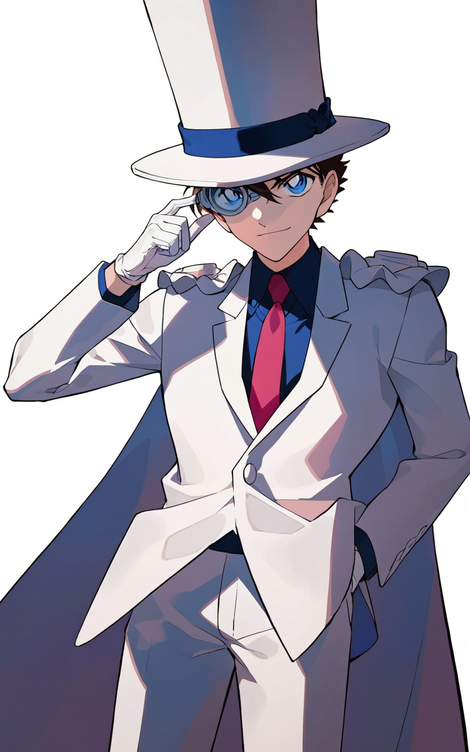 8k, best quality, masterpiece, (ultra-detailed), smile, (standing, medium shot, looking at viewer, white background, clean background:1.5), (pseudo-impasto:0.7), (by ask:0.5), (by rella:0.3), (by mochizukikei:0.3), high resolution, intricate details, solo, close up shot, upper body, <lora:gdkidre-neta-Tanger-000013:0.7>, monocle, gdkit, qinshan artstyle, conan style eyes, 1boy, solo, male focus, cape, hat, top hat, gloves, brown hair, blue eyes, 